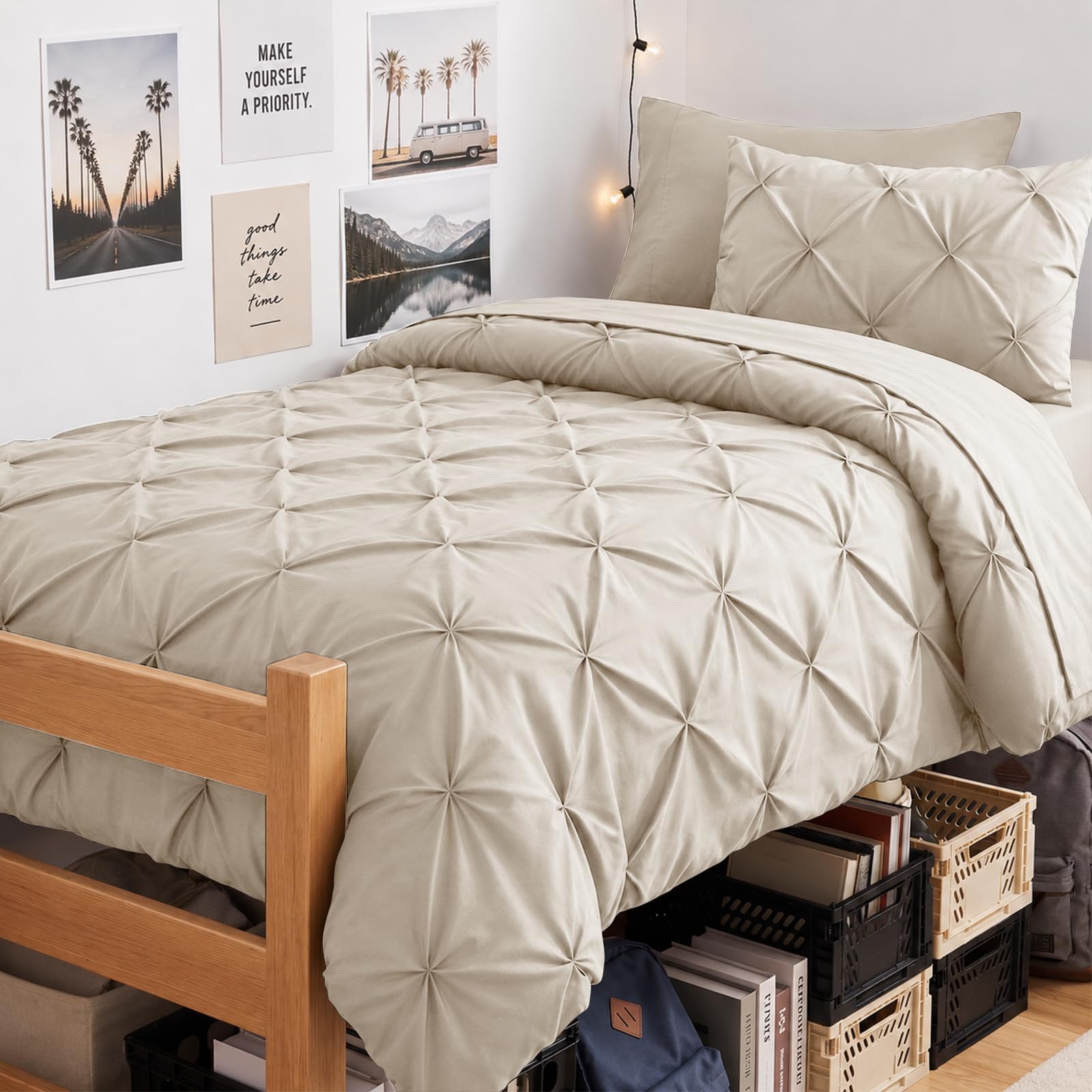 CozyLux Twin Comforter Set Beige, 5 Pieces Pintuck Bed in a Bag