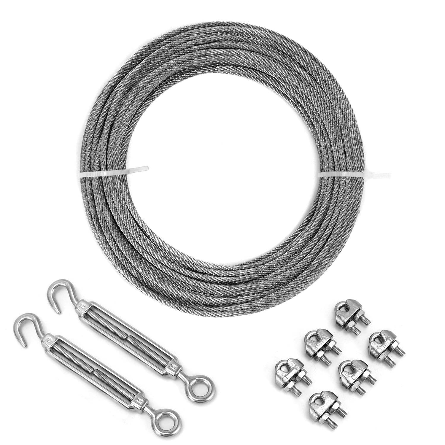QWORK® Lina druciana 3 mm, zestaw lin stalowych 304, stalowa lina 20 m z napinaczem liny obrotowej M5, do zawieszania świateł zewnętrznych, ogrodzeń, sznurków do bielizny