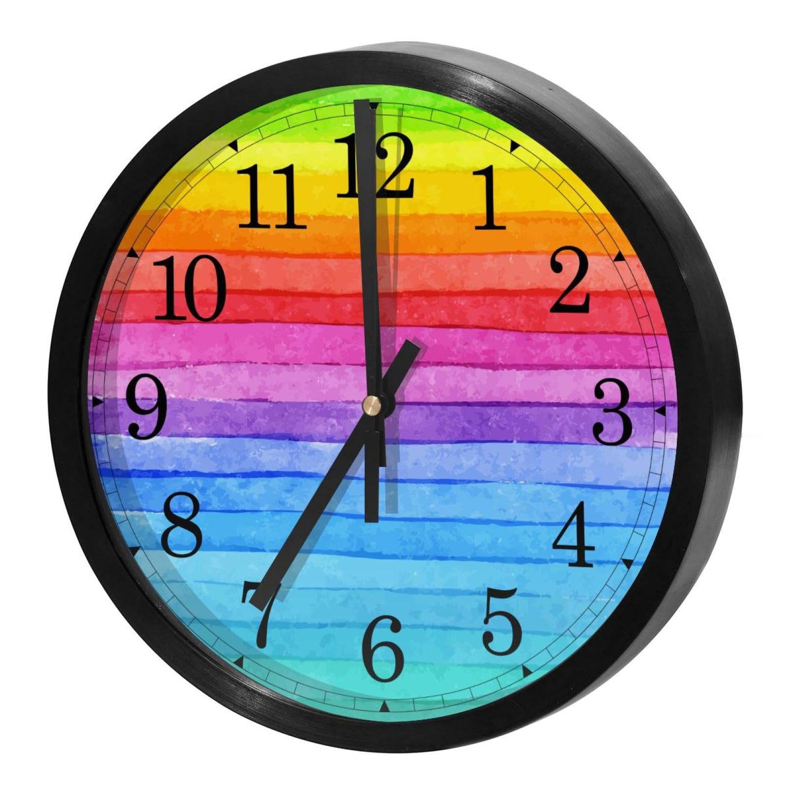 Horloge murale silencieuse ronde à quartz avec motif rayures arc-en-ciel pour la cuisine