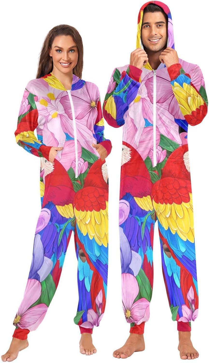 GAIREG Tropical Parrots Flowers Hooded One-Piece Pajamas, Soft Onesie Pjs for Mens Womens