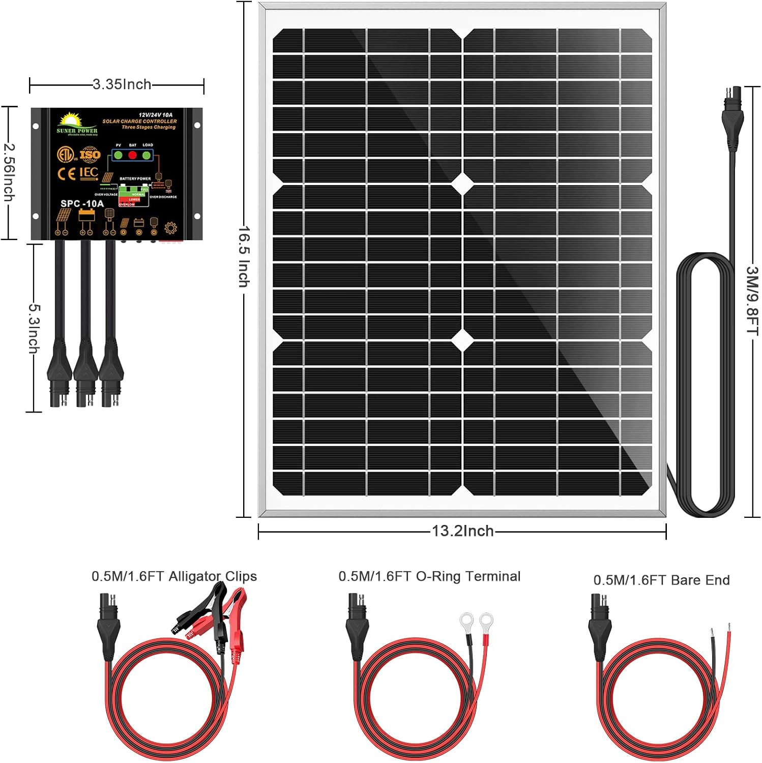 SUNER POWER 20 Watts Mono Crystalline 12V Solar Panel Kits - Waterproof 20W Solar Panel + Upgraded 10A Solar Charge Controller + 3-PCS SAE Cable Adapters for Car RV Marine Boat Trailer Off Grid System