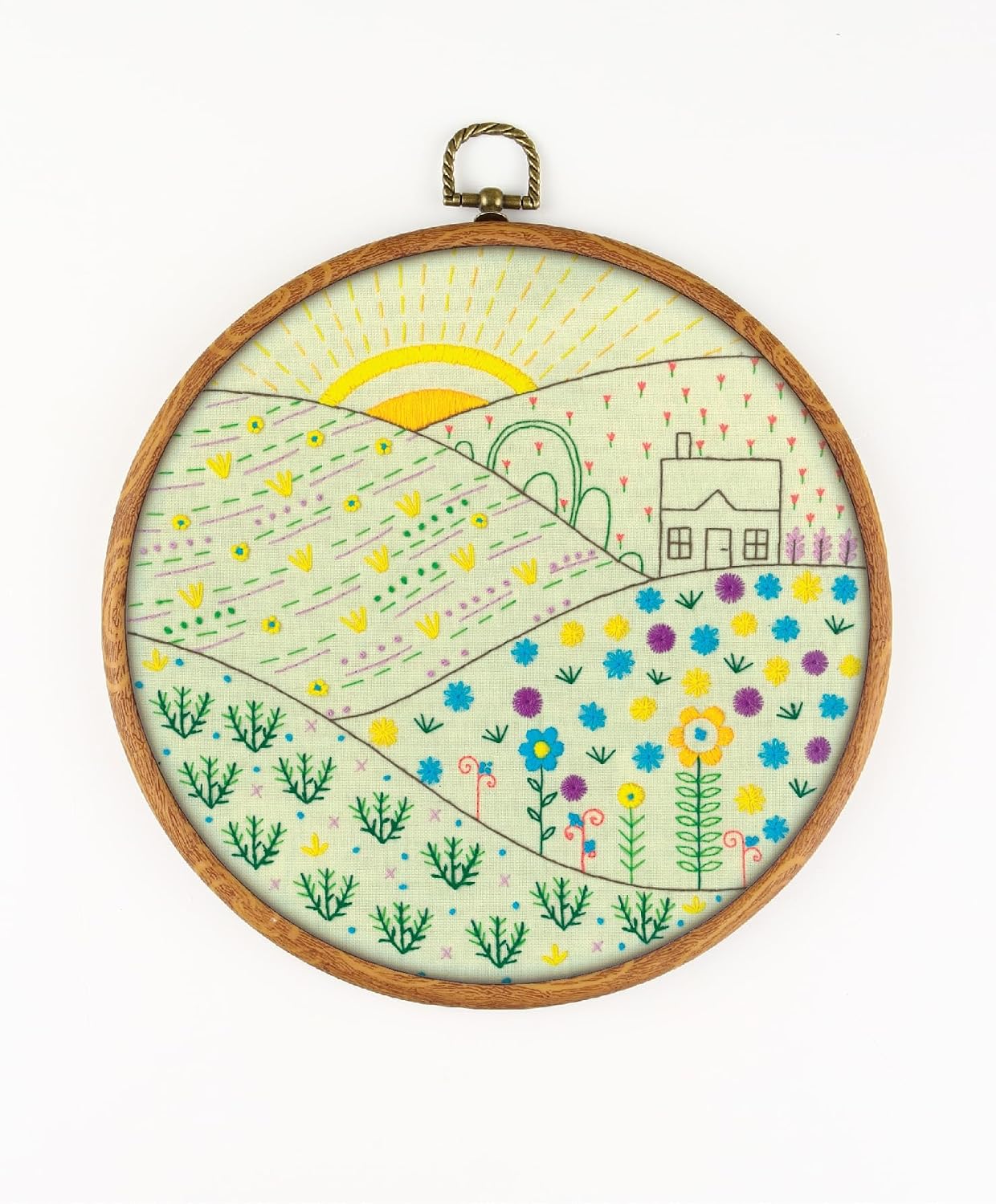 Spring Fields EM300 - DIY Embroidery Kit. Set of Threads, Needles, Stamped Cloth, Needle Threader, Embroidery Clippers and Printed Color Pattern Inside.