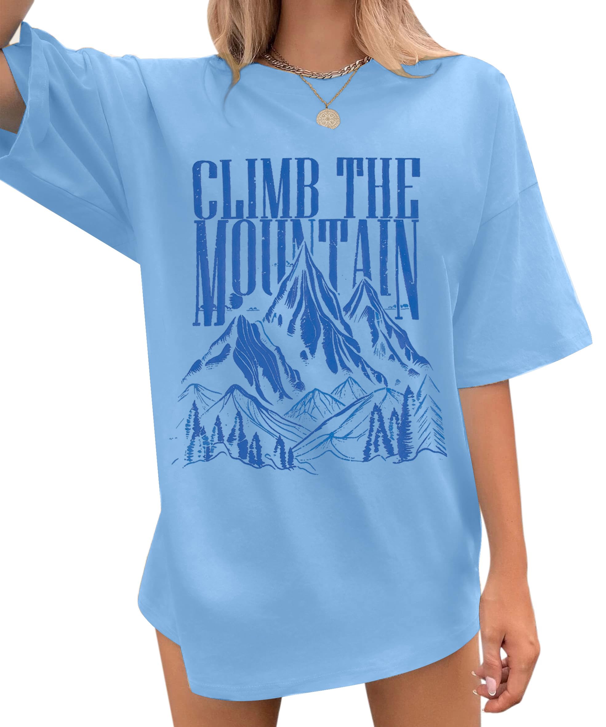 EGELEXYWomen Hiking Mountain Shirt Adventure Oversized Shirts Workout Tshirt Summer Climb Mountain Graphic Tee Tops