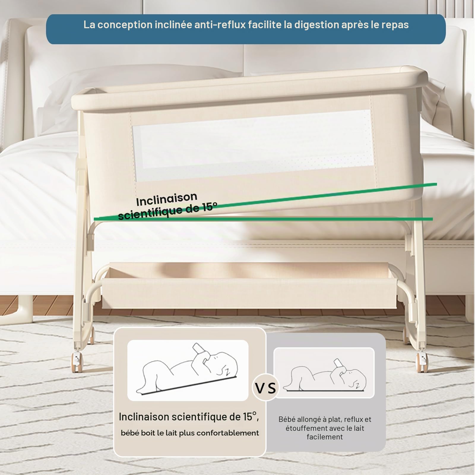 Next to Me Berceau de chevet 4 en 1 avec matelas, 6 hauteurs réglables, filet amovible, panier de rangement et table à langer, peut passer en berceau pour 0 à 3 ans (beige)