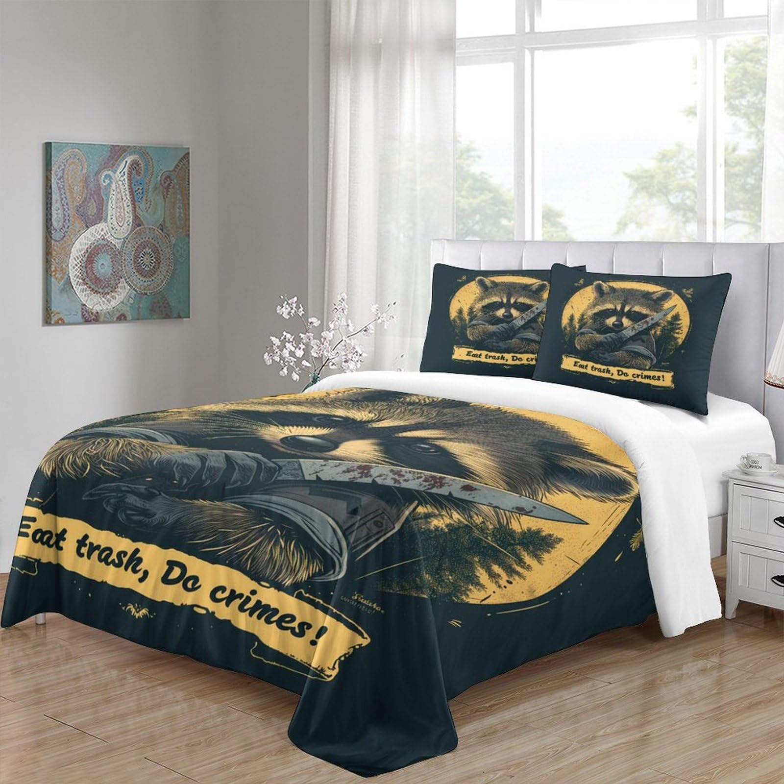 Raccoon mit Messer 3-teiliges Pflegeleichtes Polyester Wildes Tier Art Style Bettbezugset, 2 Kissenbezug, Unsichtbarer Reißverschluss, Für Erwachsene, Babysicher King（220x240cm）