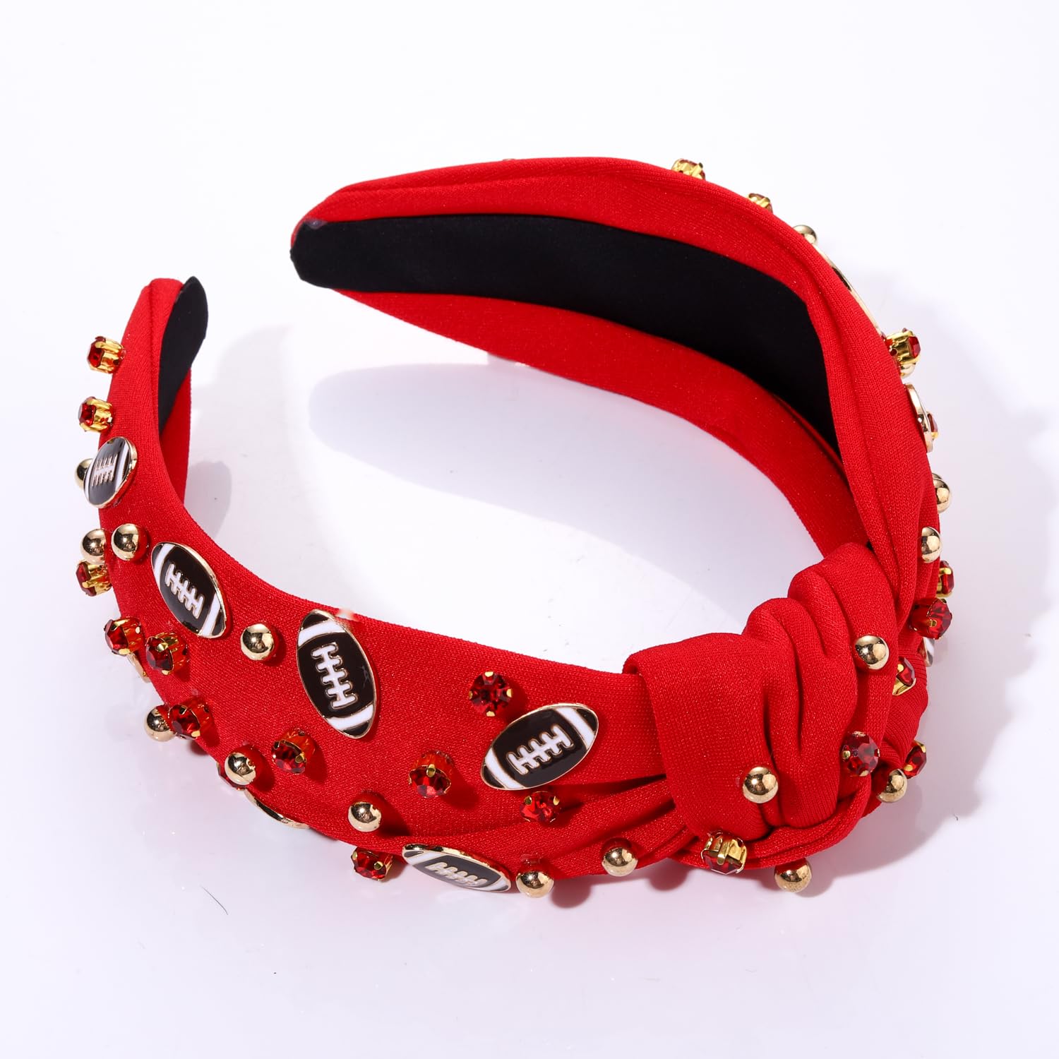 mokkia Football Headband for Women Football Mom Accessories Crystal Rhinestone Jeweled Wide Top Knot Headband Game Day Sports Hair Accessories Gift (Red 2) - Image 6