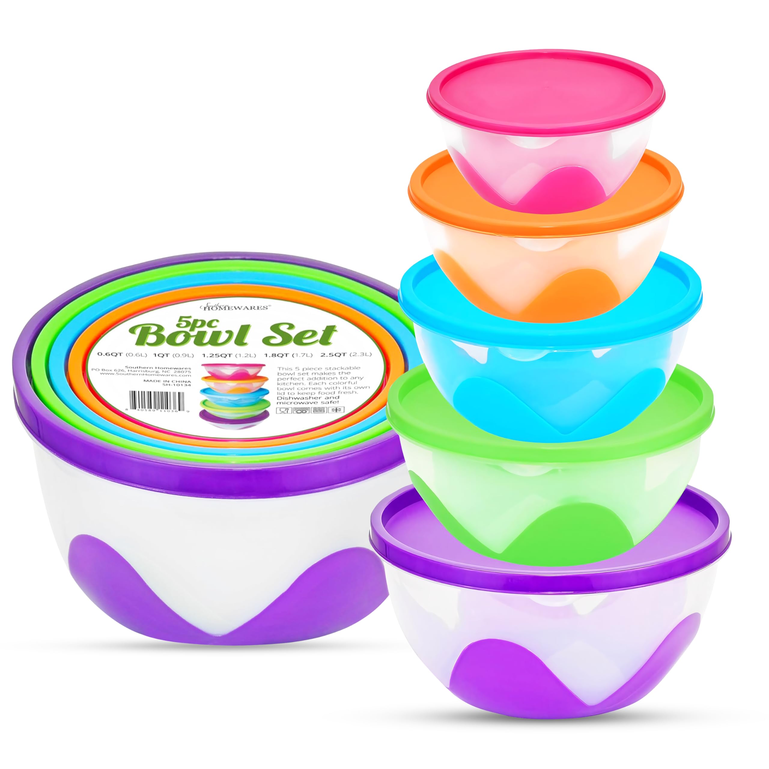 Southern Homewares 5-Piece Plastic Food Storage Containers with Lids – Airtight, BPA-Free, Stackable Silicone Containers in Multiple Sizes and Colors, Easy to Clean