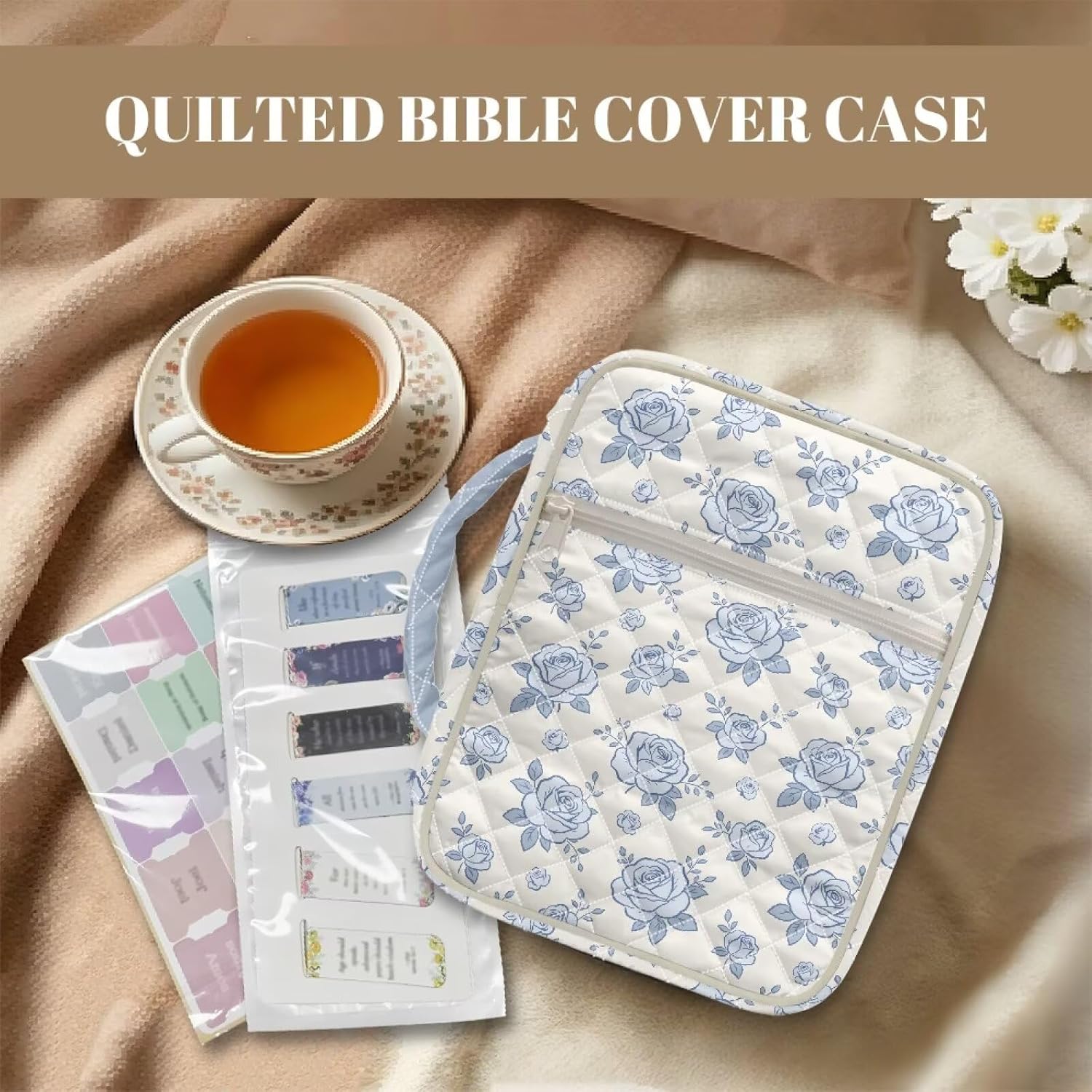 Rnyleeg Blue Rose Bible Cover Case for Women Girls Quilted Bible Carrying Bag with Handle&Zipper Soft Machine Washable Scripture Bag for Pens, Notebooks, Highlighters Gifts for Women