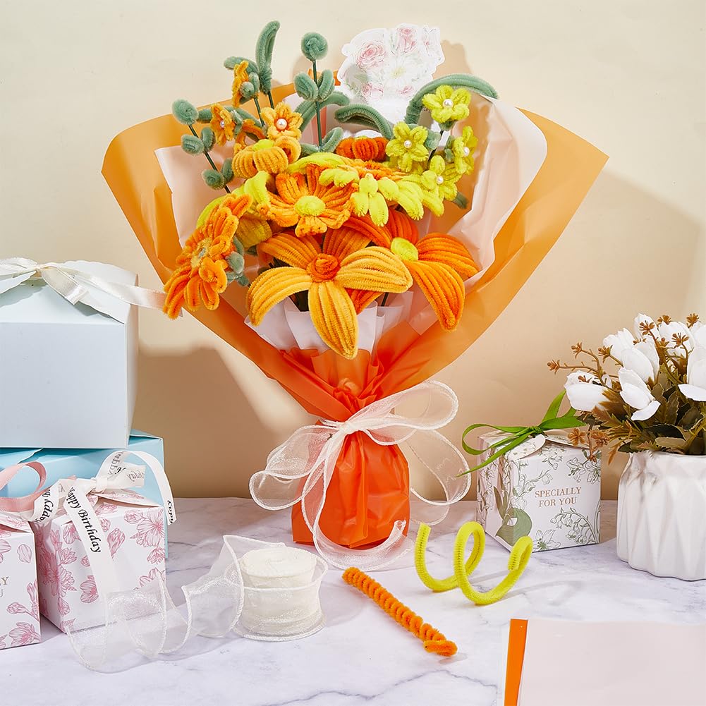 OLYCRAFT 600 pezzi - Kit per la creazione di fiori in detergente per pipe arancioni, 6 colori con fili floreali, nastro da giardinaggio, carta per abbellimento floreale e stamens per bouquet