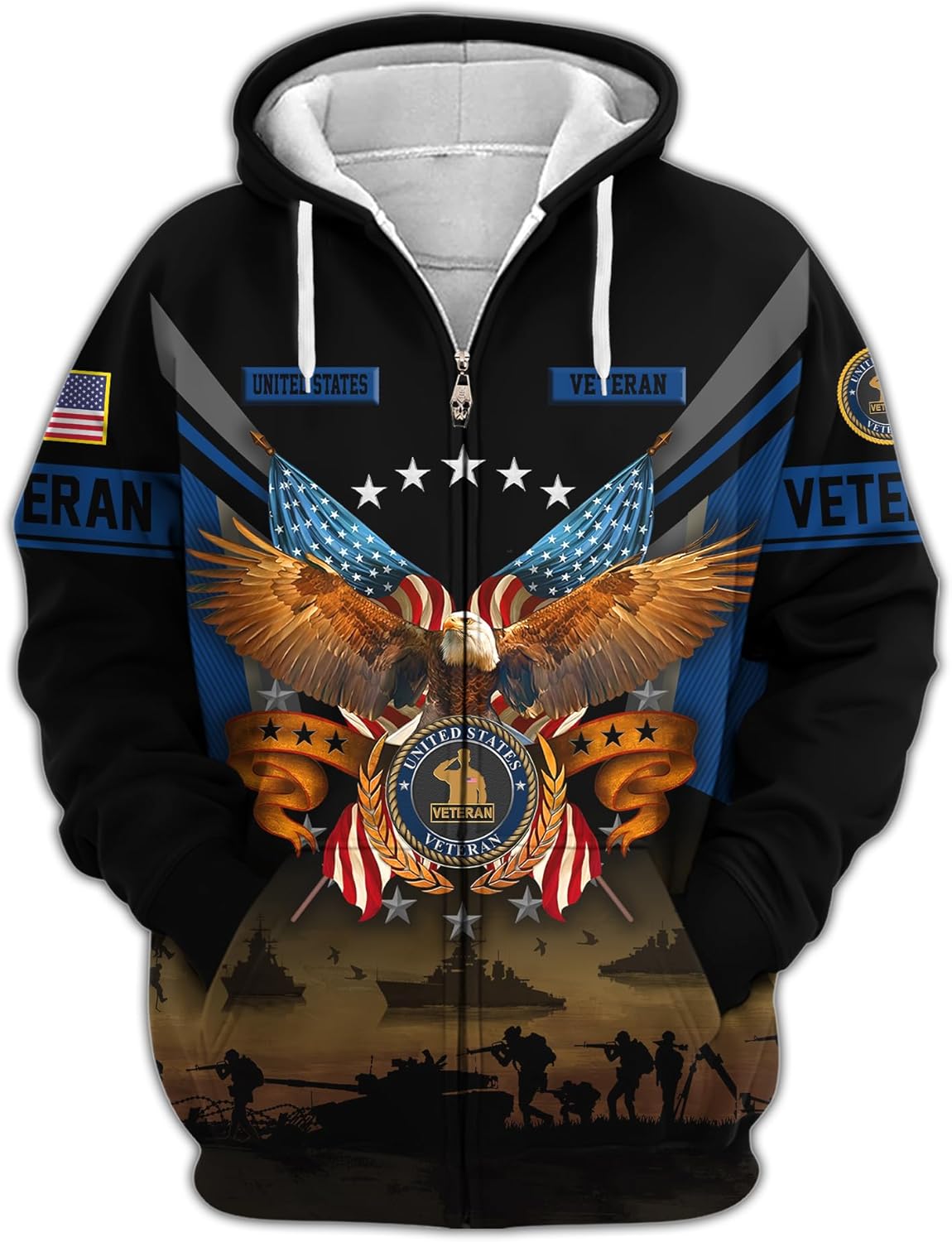 Patriotic United States Veteran Zip Hoodie, Featuring American Flag and Eagle, Ideal Gift for Veterans