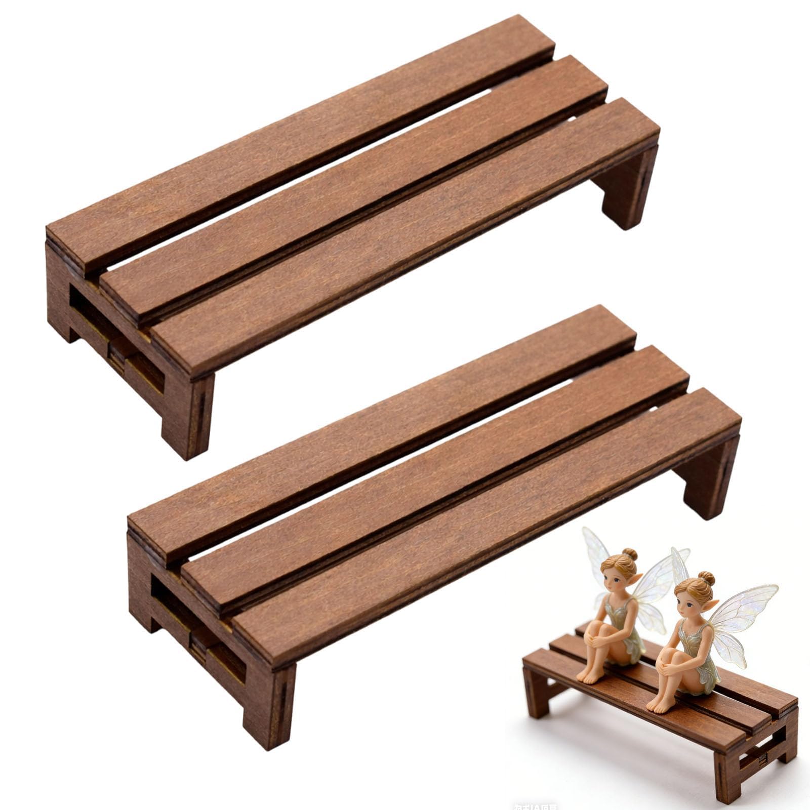 ZKFSIE 2PCS Wooden Mini Bench 1:12 Scale Dollhouse Furniture, Fairy Garden Accessories with Mini People Figures, Decorative Garden Bench for Miniature Displays