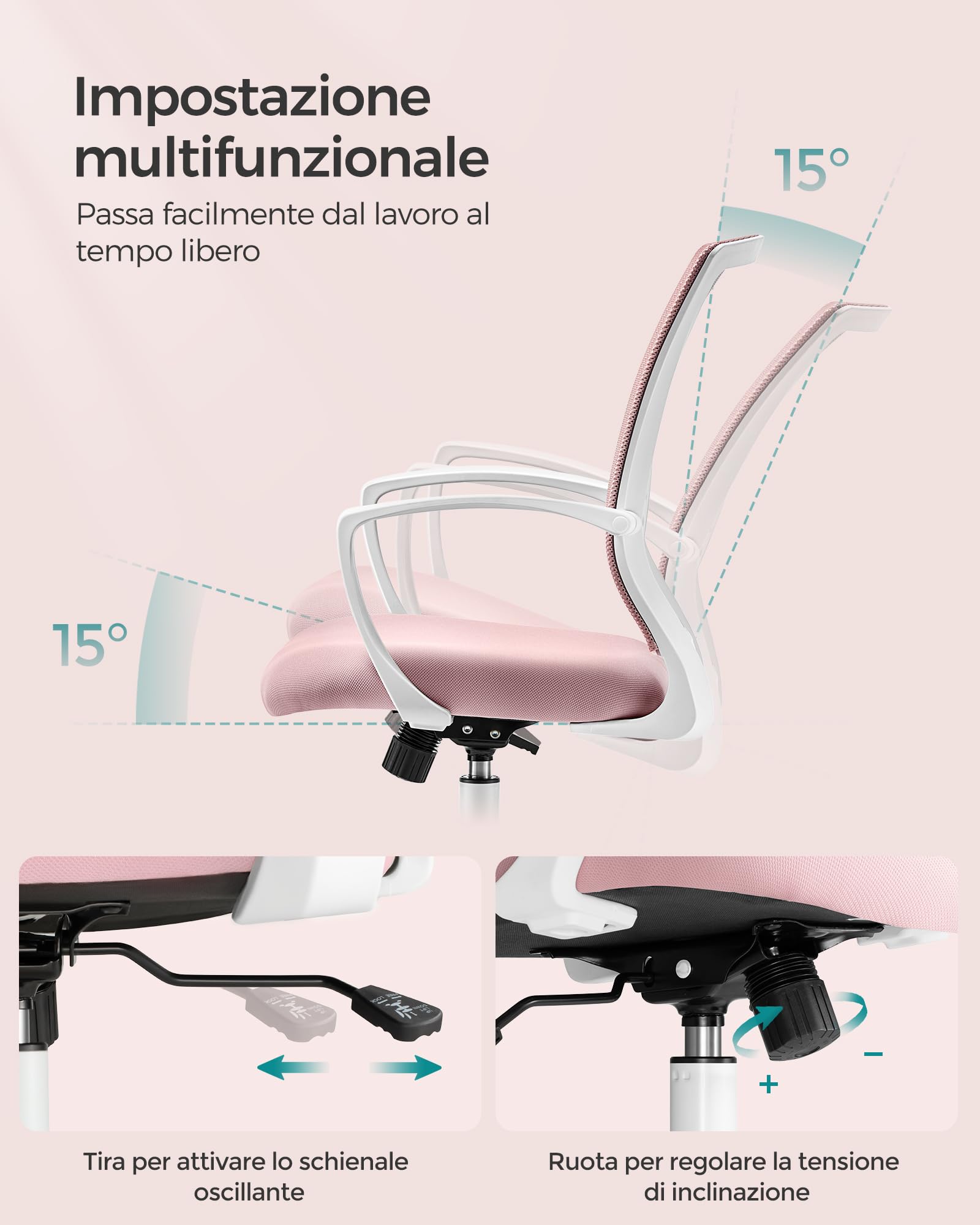 SONGMICS Silla de Malla, Silla de Oficina Giratoria, Altura Ajustable, Función de Inclinación, Respaldo y Asiento Transpirable, para Estudio, Oficina, Carga de 120 kg, Rosa Jalea OBN022R02