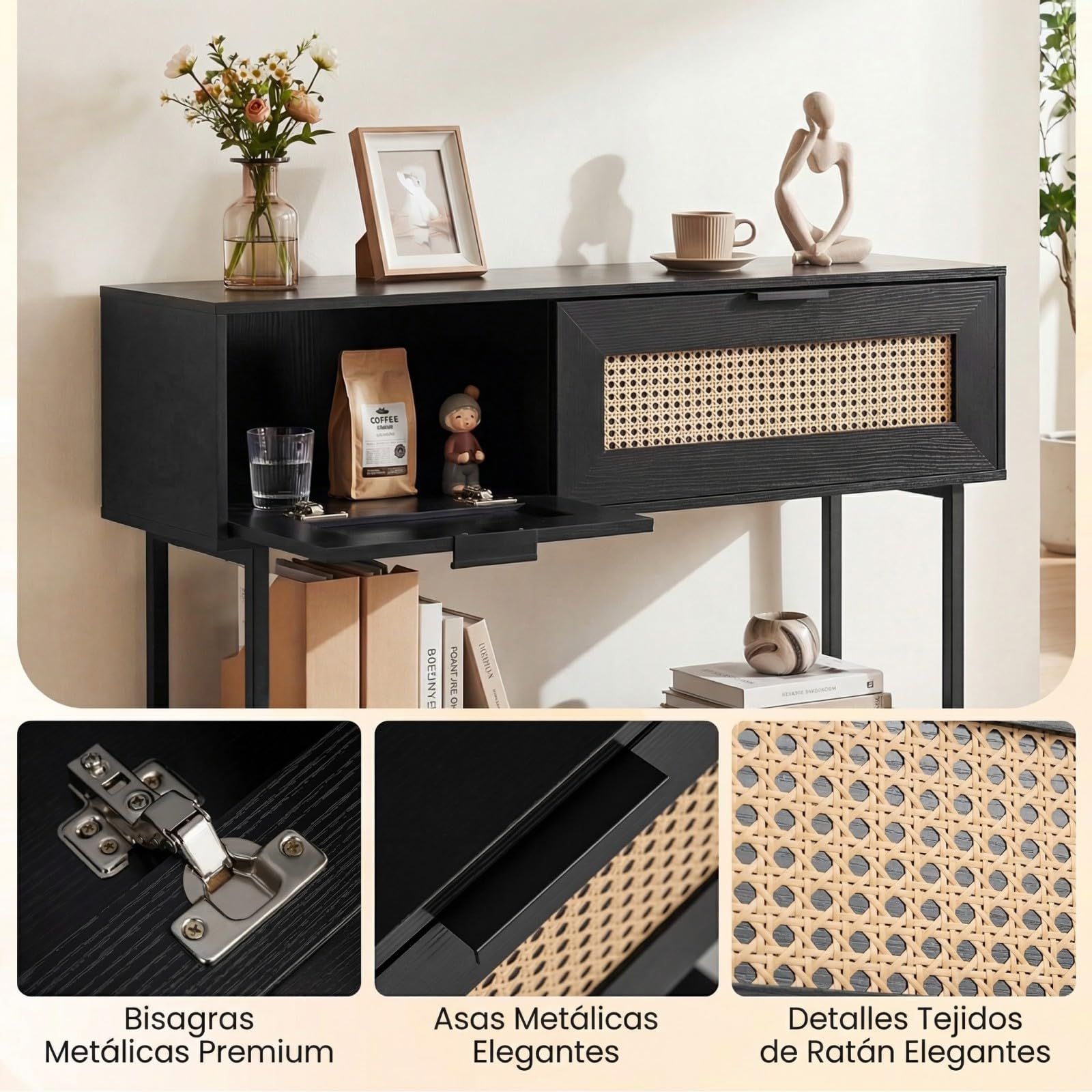 COSTWAY Mesa Consola de Entrada, Mesa Auxiliar de Ratán PE con Puertas Estilo Bohemio, Estantes de Almacenamiento y Estructura Metálica, Mueble Interior Estrecho para Sofá Recibidor Salón (Negro)