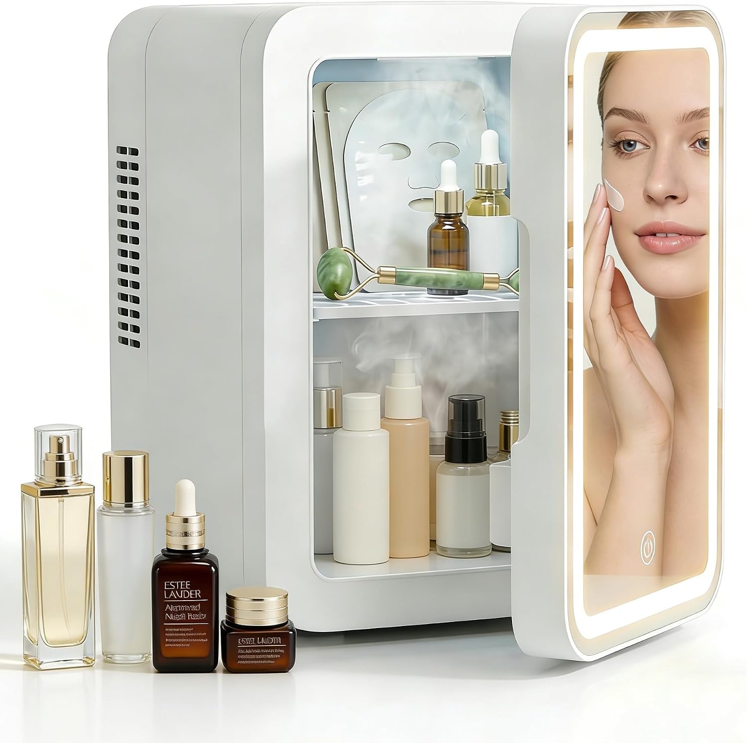 Lispin Skincare Fridge With Dimmable LED Light Mirror, 4L Makeup Mini Fridge for Bedroom, Car, Office & Dorm, Portable Small Refrigerator (White-4L-A)