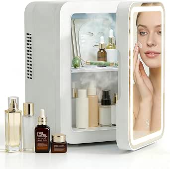 Lispin Skincare Fridge with Dimmable LED Mirror, 4L Mini Makeup Refrigerator for Bedroom, Car, Office & Dorm
