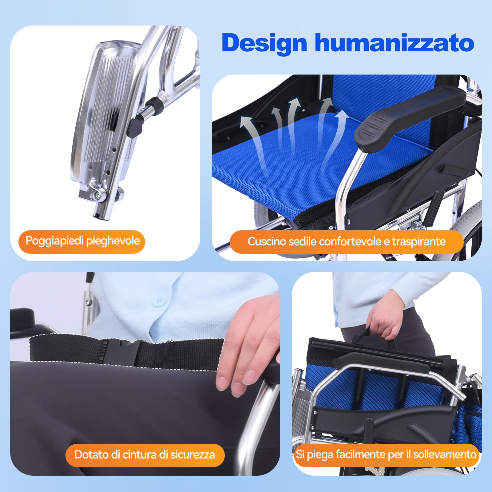 M3 Sedia a rotelle pieghevole e leggera, doppio freno, capacità di carico 100Kg, poggiapiedi pieghevoli, ideale per anziani e con mobilità ridotta - Blu