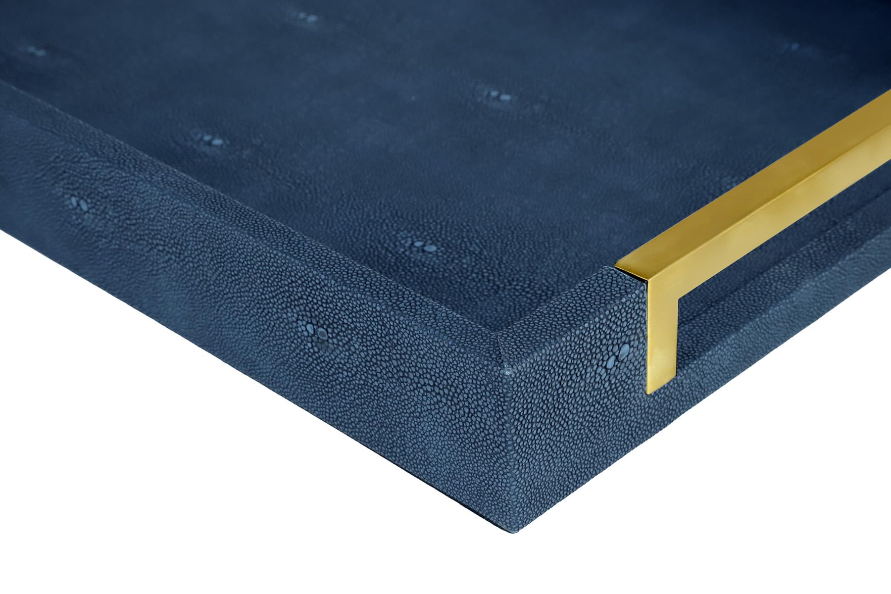 HofferRuffer Plateau de service en similicuir avec poignées en métal doré, élégant plateau de rangement décoratif pour table basse, ottoman, décoration d'intérieur et de service (galuchat bleu, 41,1 x