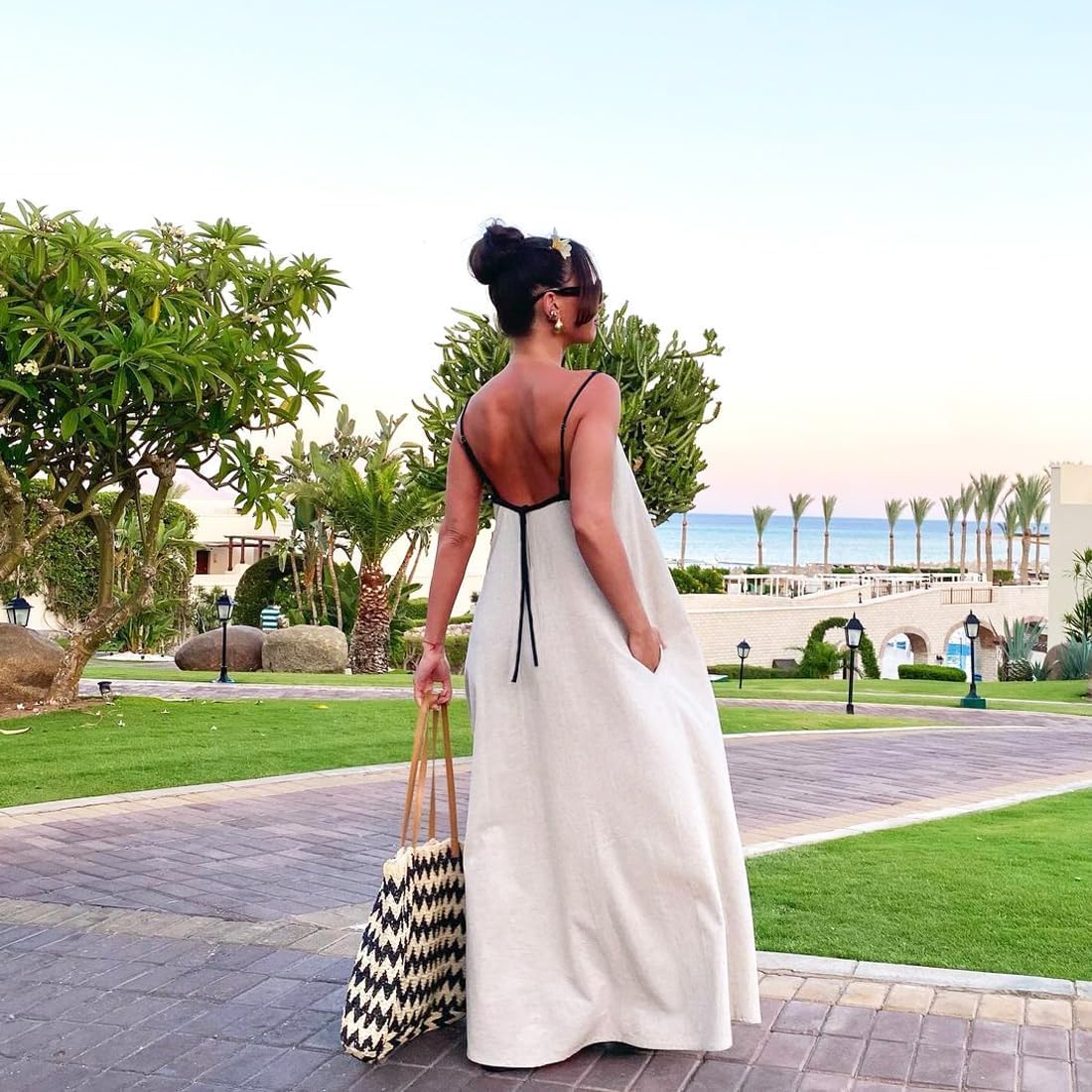 Senllen Women's Linen Dress Summer Loose Flowy Sundress Contrast Spaghetti Strap Sleeveless Backless Beach Maxi Long Dresses - Image 3