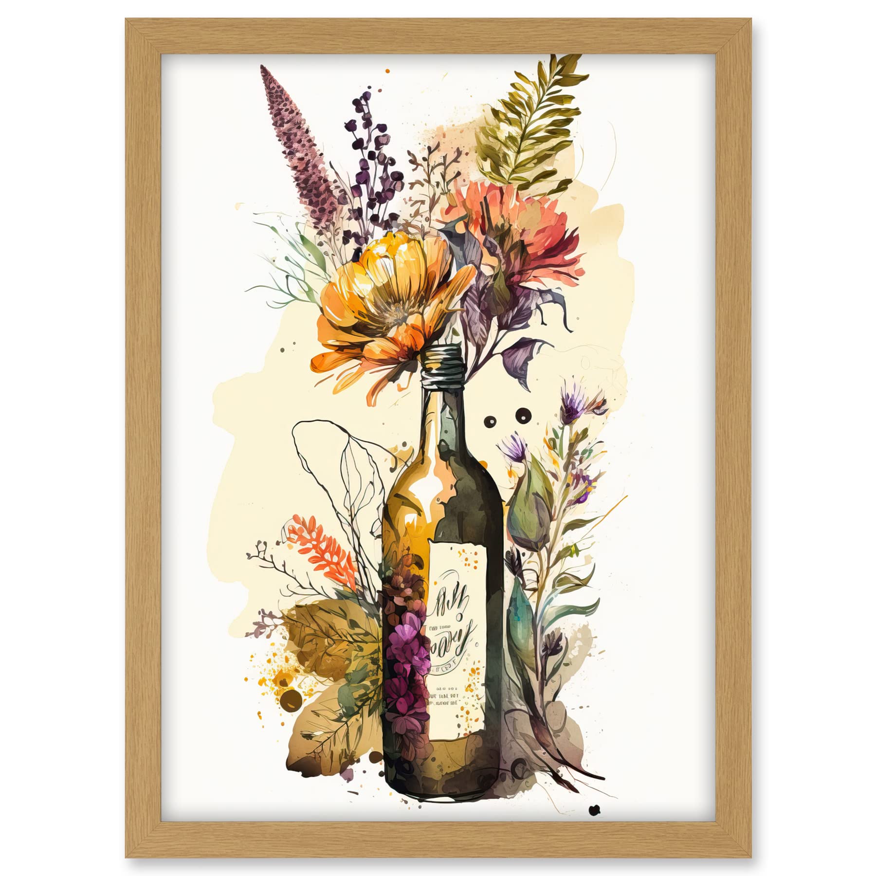Artery8 Wildflower Bouquet in Upcycled Glass Wine Bottle Artwork Framed A3 Wall Art Print