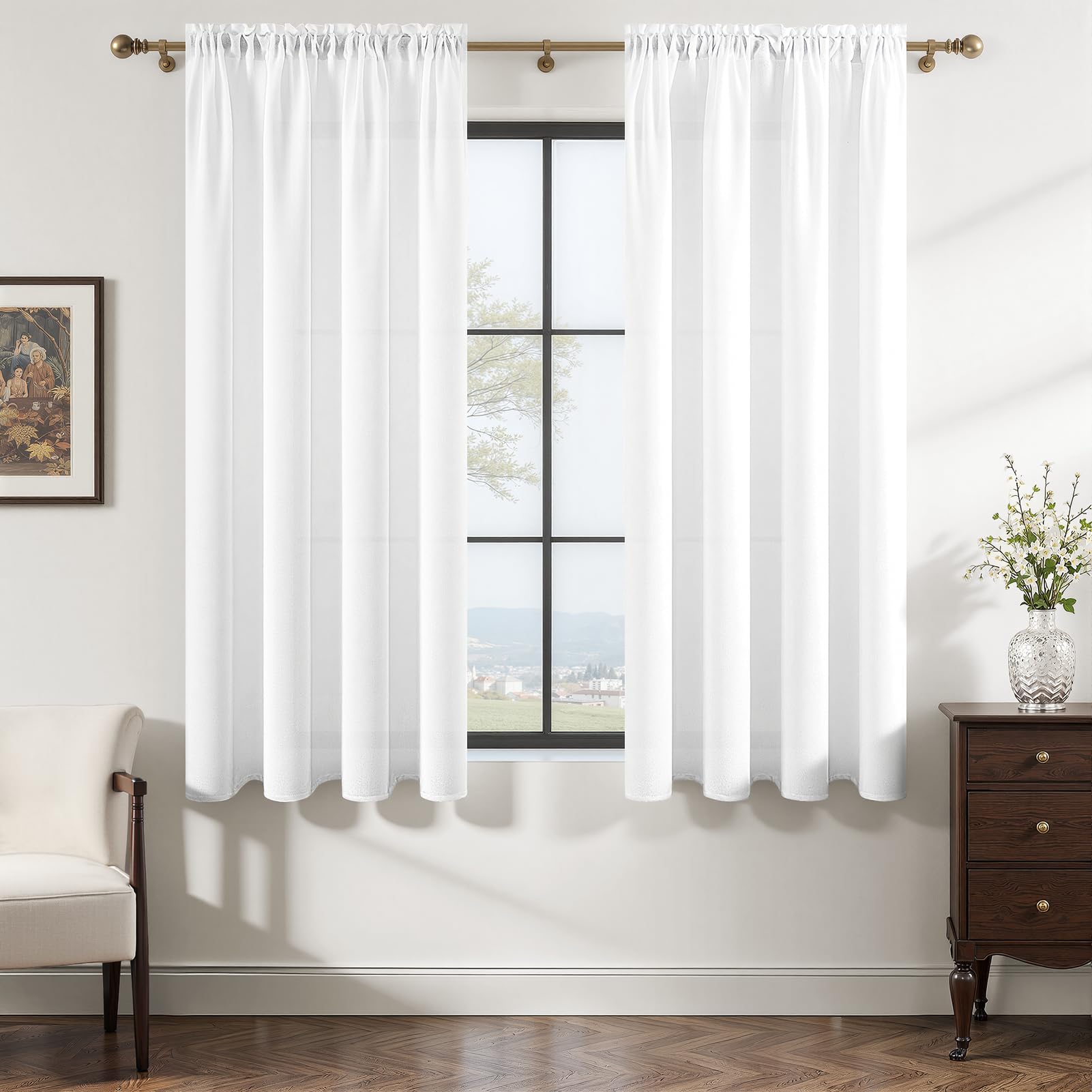 MRTREES Semi Sheer Linen Rod Pocket Curtains, Window Net Voile Privacy Curtains for Bedroom Kitchen Living Room, 2 Panels 117x137 CM 46x54 Inch White
