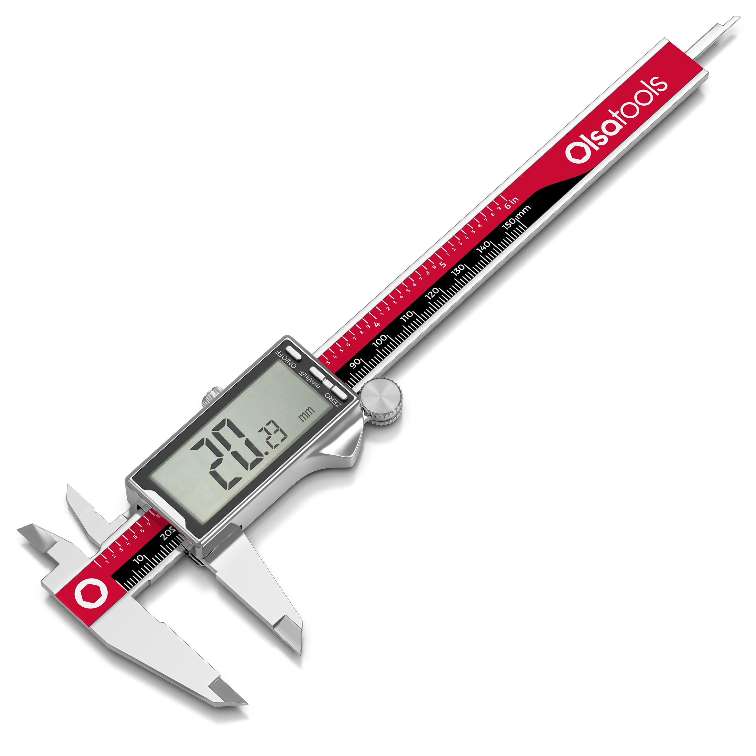 olsa tools digital caliper measuring tool - inches, fractional inches, & millimeters - 0-6 inches - stainless steel digital calipers measuring tool - large easy-to-read display - part: 1867