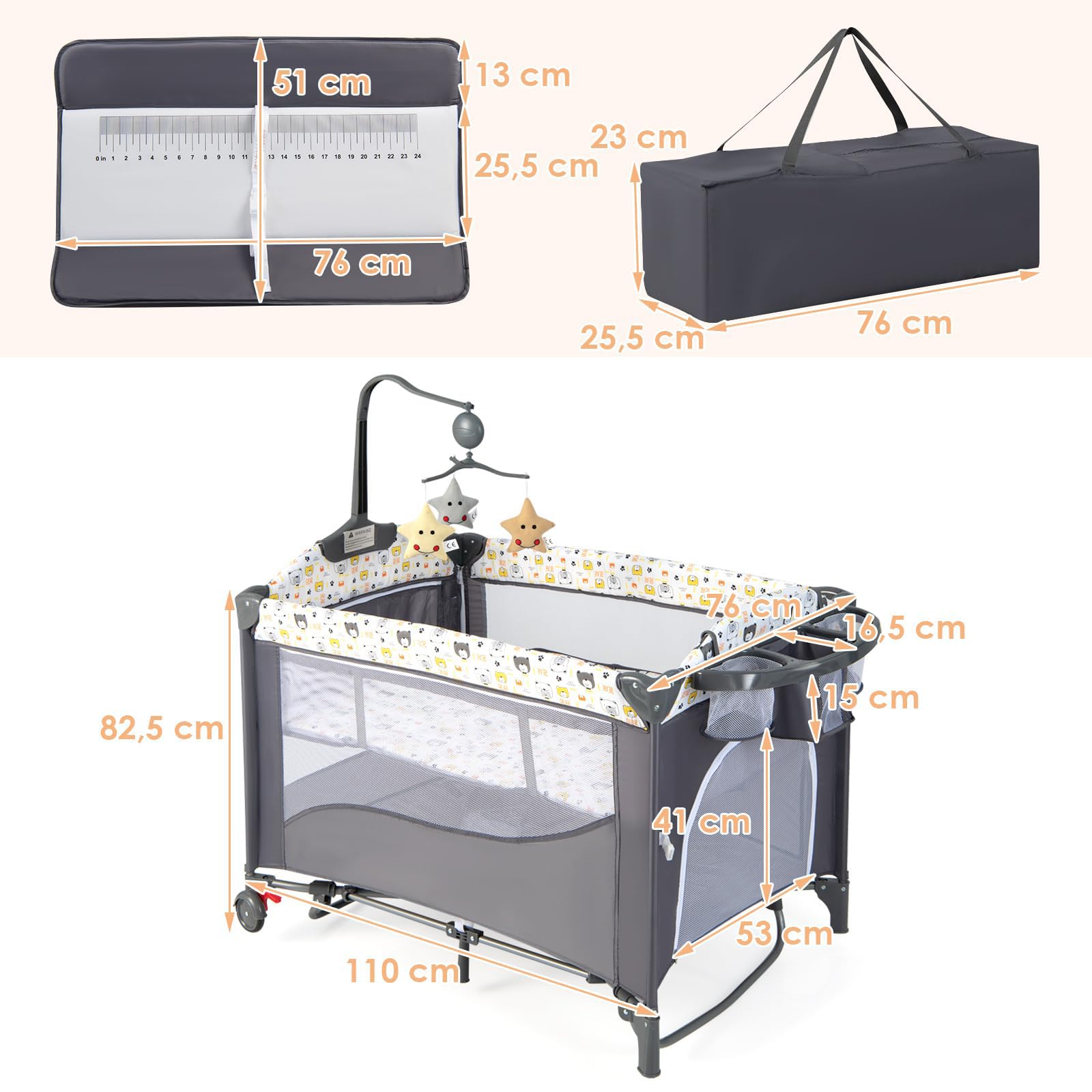 RELAX4LIFE 5 in 1 Lettino Neonato, Lettino da Campeggio con Fasciatoio e Cintura di Fissaggio, Altezza Regolabile in 4 Livelli, Adatto a Bambini 0-36 Mesi, 110 x 76 x 82,5cm (Beige)