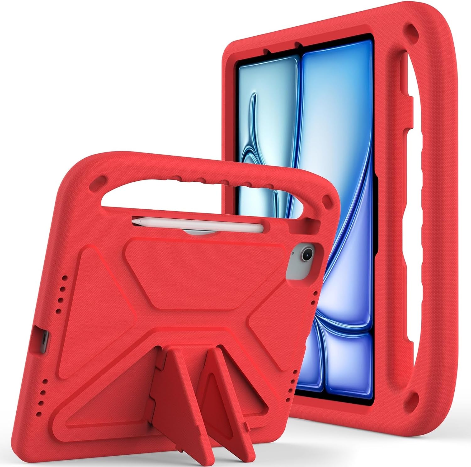 Compatible with iPad Air 11 Inch M2(2024)/Pro 11 inch (2024) M4 Kids Kickstand Case, Cute Design Lightweight EVA Shockproof Stand Protective Case,[Shoulder Strap][Handle] (Red)