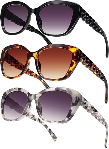 LADEESSE Lentes de sol bifocales para mujer, diseño de ojo de gato, con estilo, paquete de 3 lentes de lectura con aumento UV400 +1.0