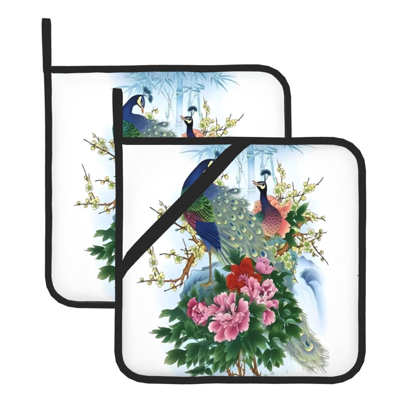 WHJDPP peacock Prints Square Hot Pads for Kitchen - Waterproof Pot Holders Set of 2, Durable Trivets with Pocket & Hanging Loop for Hot Dishes & Oven Use