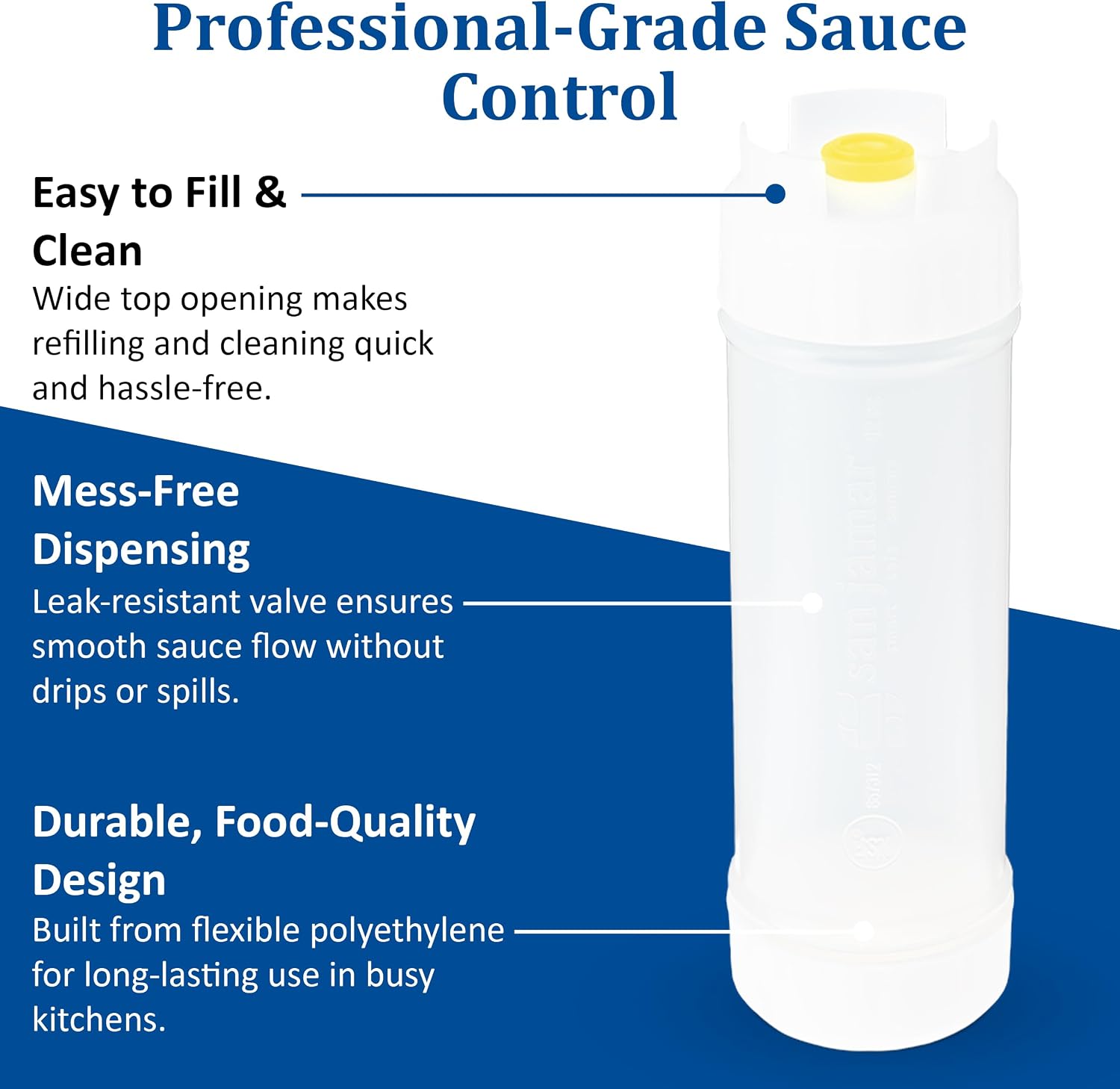 San Jamar EZ Kleen Bottles with Yellow Valves for Standard Sauces, Plastic, 12 Ounces, White, (Pack of 12)