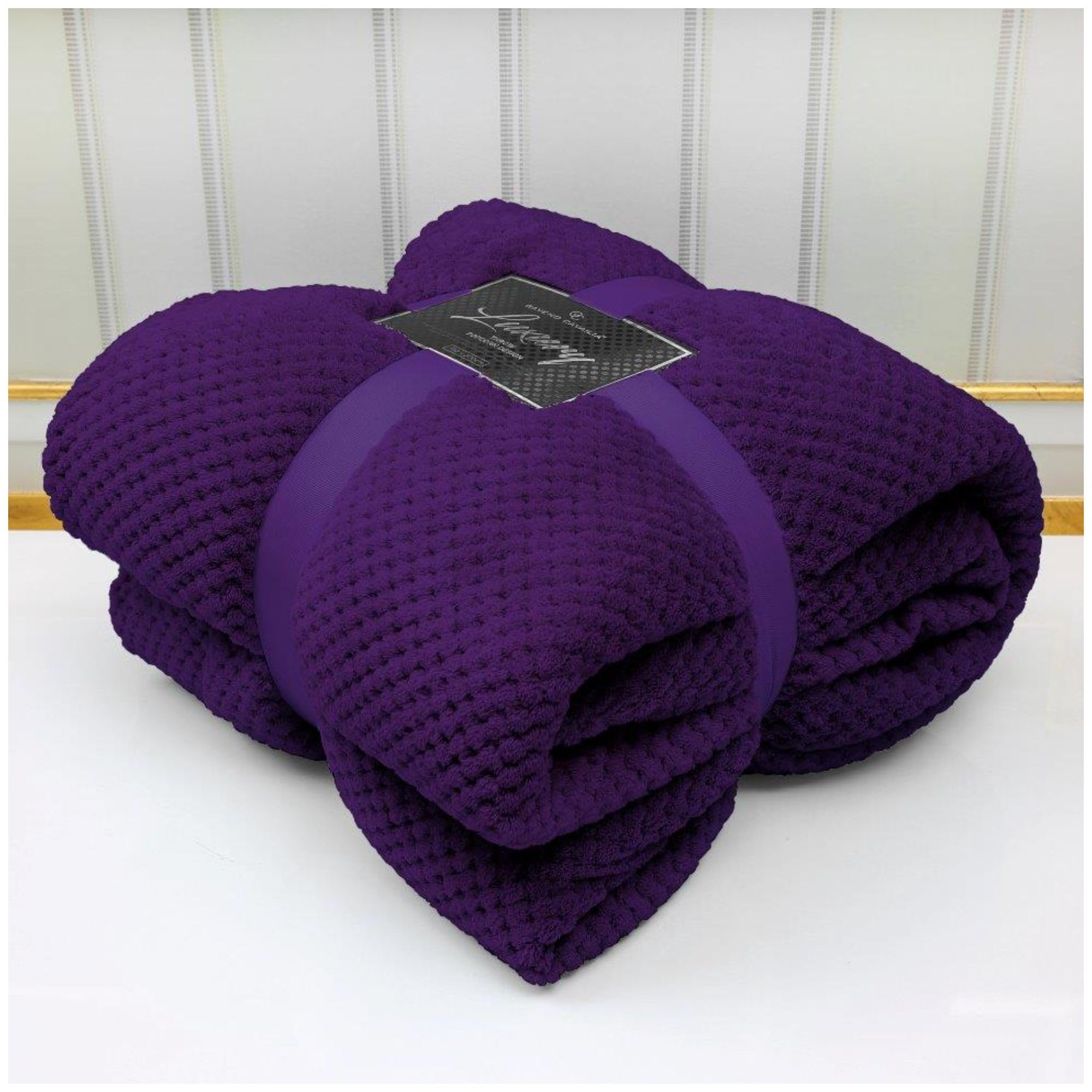 VELVETIO Luxury Waffle Fleece Popcorn Throw, Extra Large Thermal Warm Honeycomb Blanket, Soft & Cosy 100% Polyester Snuggle Sofa Bed Throws, 150 x 200cm, Purple