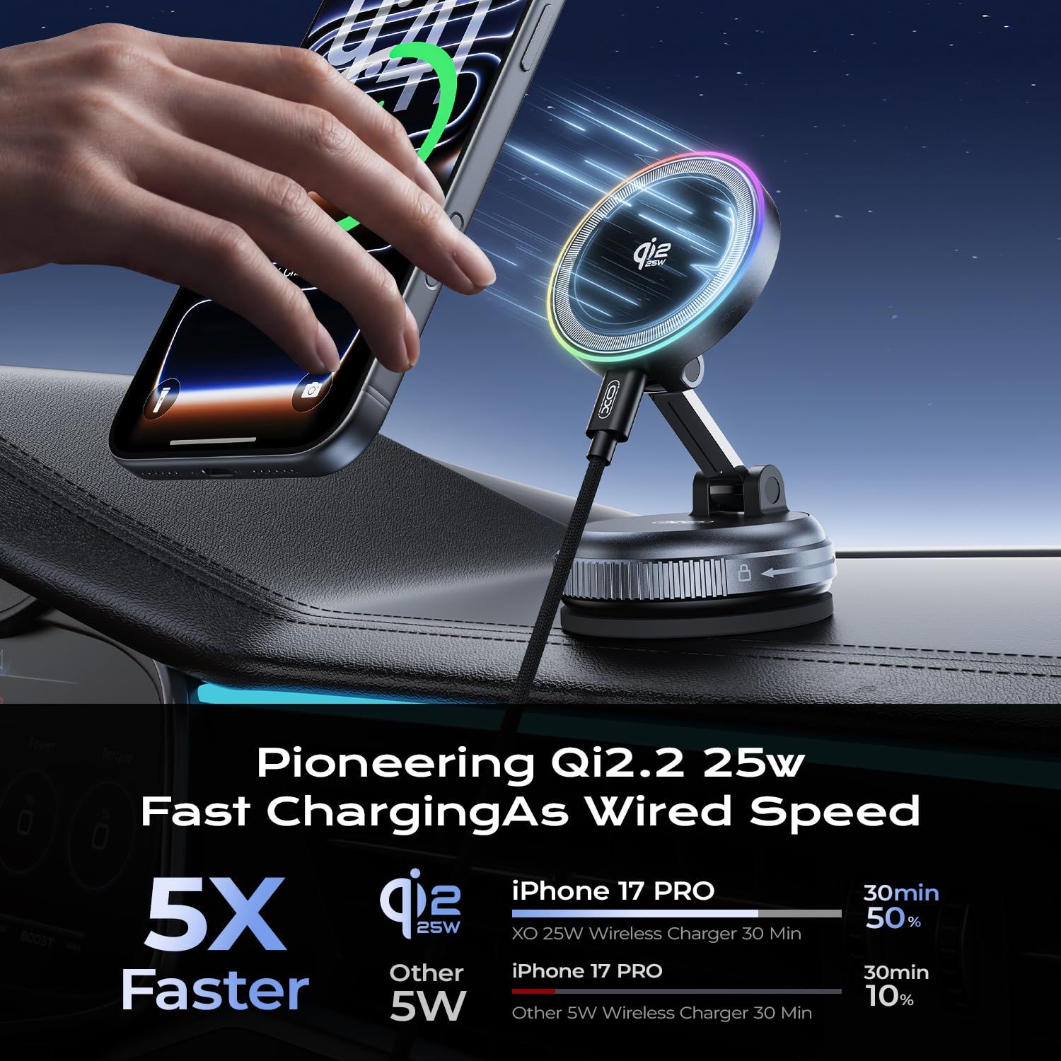 Qi2.2 - Cargador magnético para coche, soporte de carga inalámbrica rápida de 25 W con luz RGB, soporte de teléfono con ventosa giratoria de 360° para tu coche, compatible con iPhone 12-17, S26/S25
