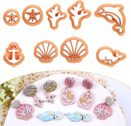 Puocaon Cortadores de arcilla de polímero marino – 9 piezas de conchas marinas, dólar de arena, ancla, formas de delfín coral para joyas de arcilla