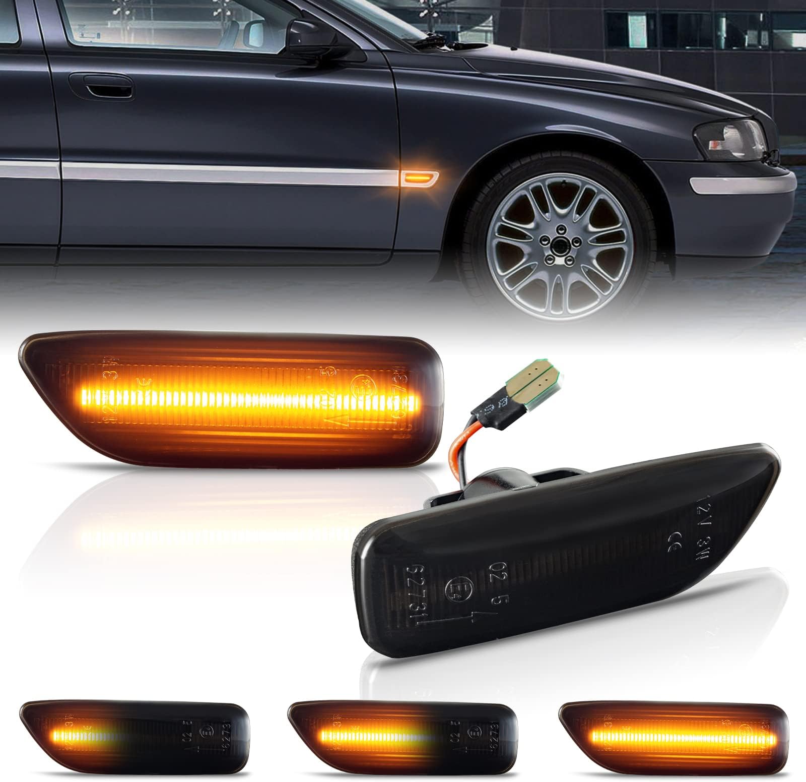 POPMOTORZ Sequential Dynamic Side Marker Turn Signal Lights, Led Amber Fender Side Marker Lamps Assembly Compatible with 1998-2007 Vol-vo S60 S80 V70 XC90 XC70 Repeater Smoked Lens