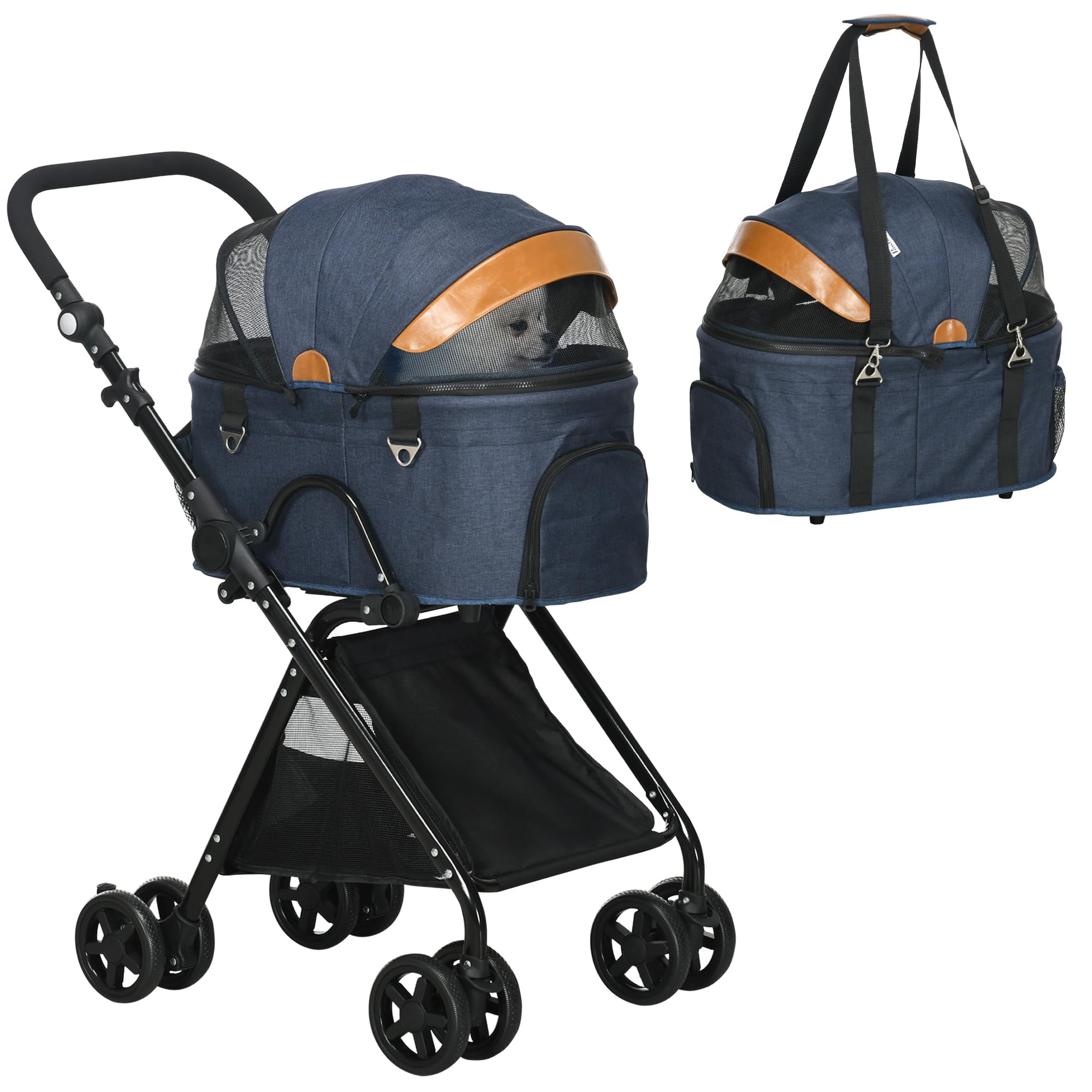 PawHut 2 en 1 cochecito para perros cochecito plegable para cachorros marco de acero, tela Oxford 600D, ventanas de malla, manillar ajustable, azul