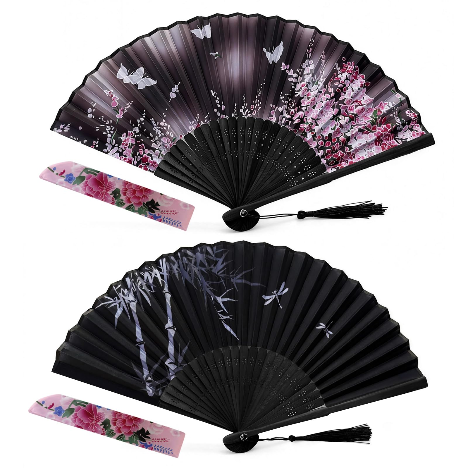 EeGo Folding Hand Fan, Handheld Fan Bamboo Hand Fan for Birthday Gifts Dancing Cosplay Wedding Party, 2PCS Flower Black — image 1