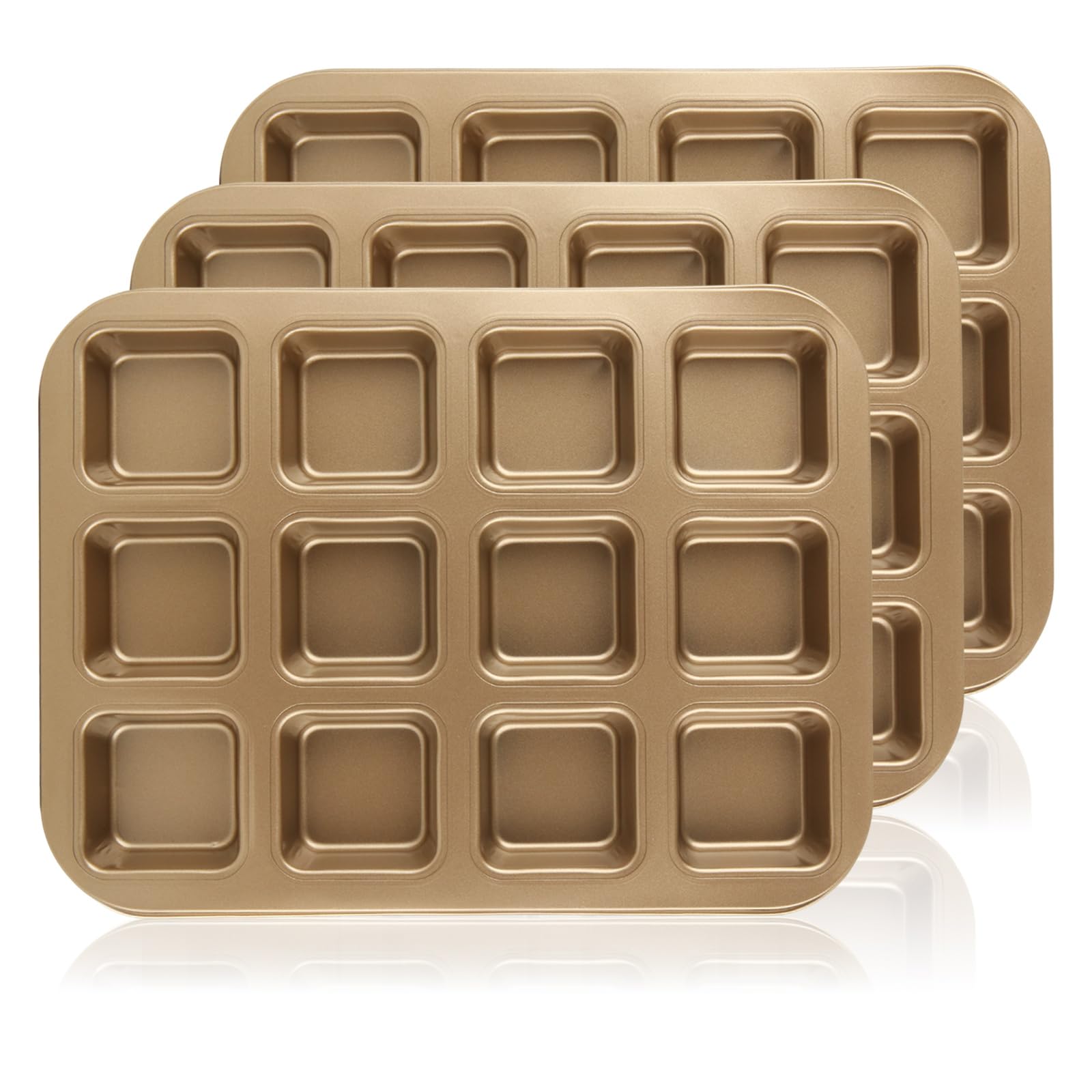 LDHHYH 3 Pack Square Brownie Pan with Dividers, 12 Cavity Nonstick Square Muffin Pan, Carbon Steel Cupcake Pan, All Edges Baking Pan for Baking Tart Muffin Cakes Cookie Bread - Gold