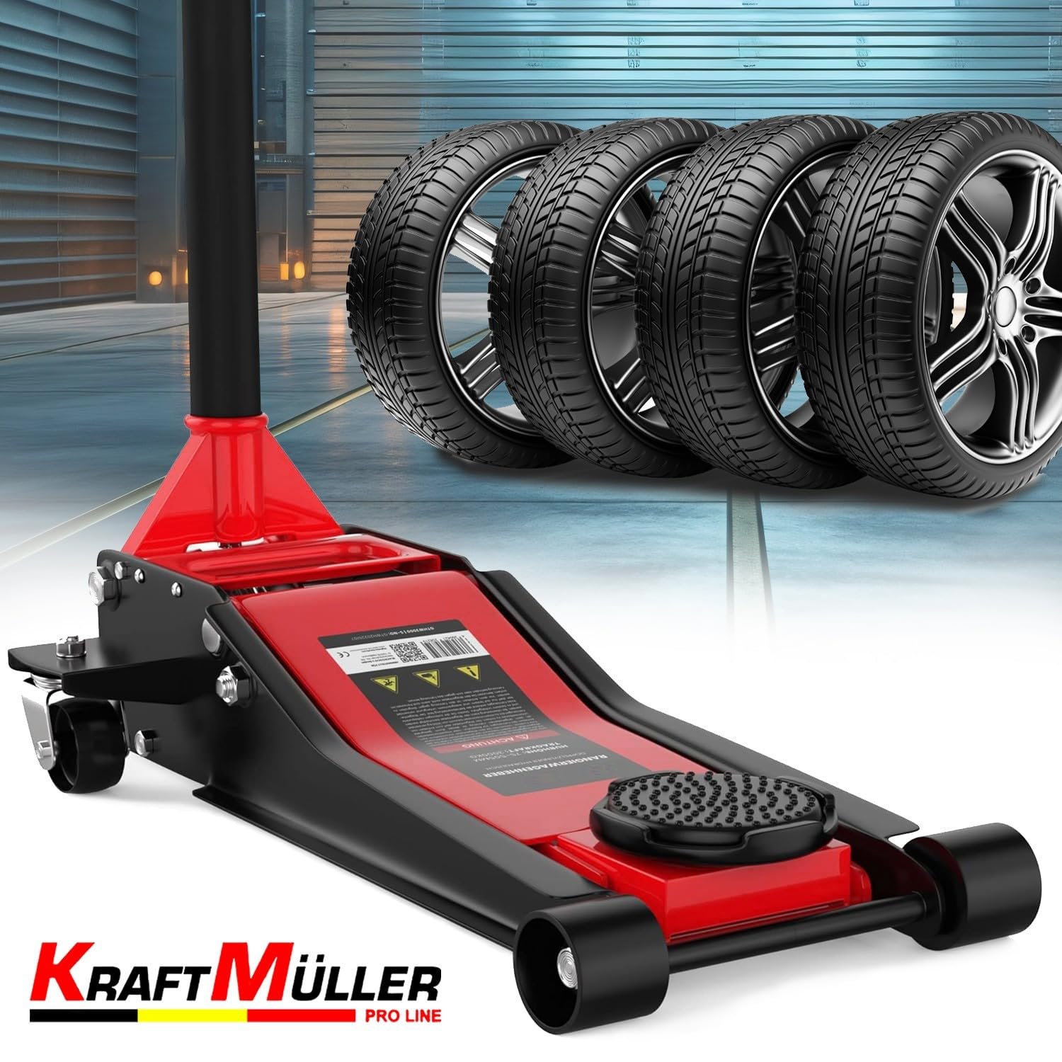 Cric hydraulique Kraft Müller professionnel 3 Tonnes, Haut. de levage 46cm, Levée rapide Système à double-pompe, Rouge