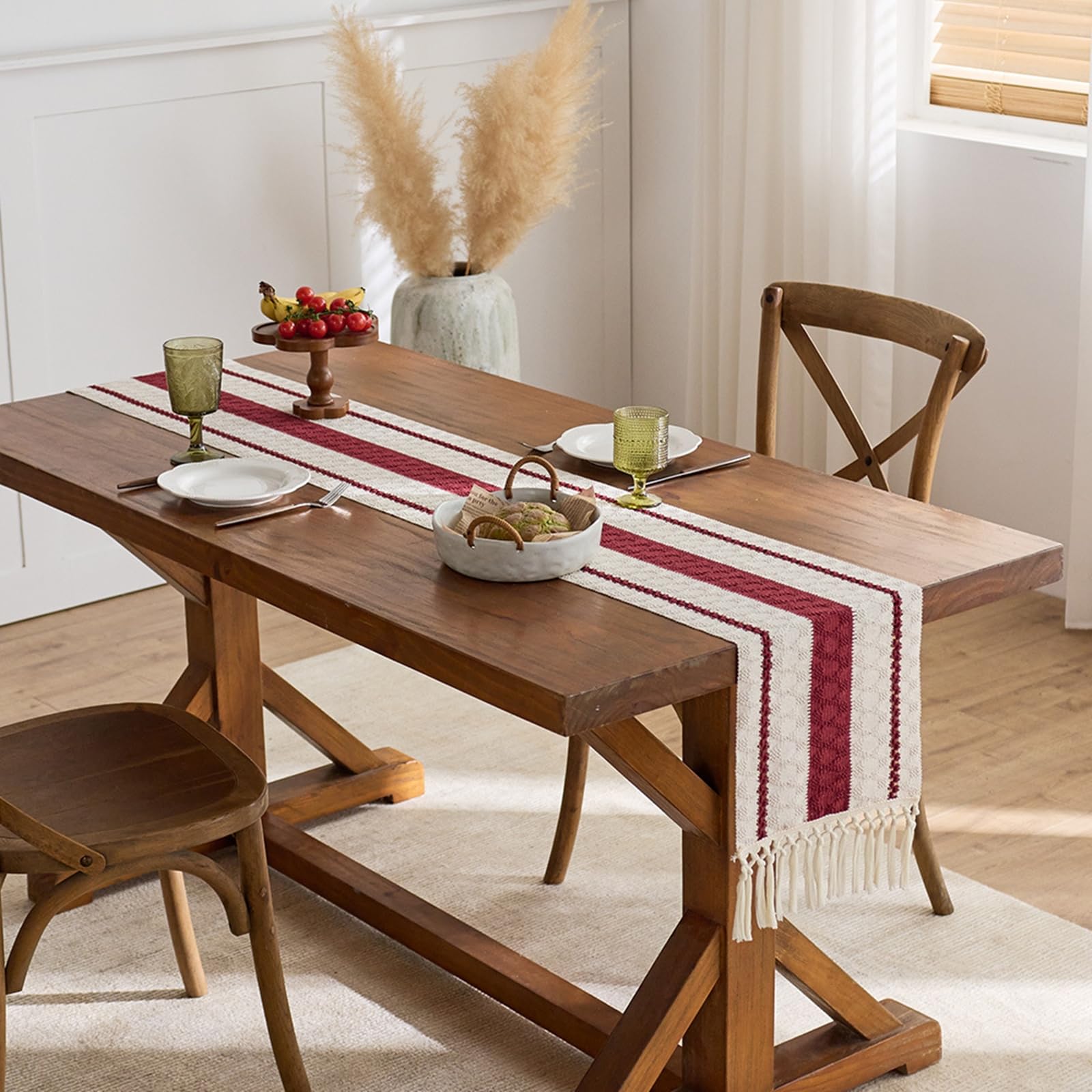 Rot Beige Tischläufer Baumwolle, Makramee Boho Tischläufer Esstisch Abwaschbar Hohl Gewebter Geometrisch Oval Muster mit Quasten Tischdecke für Esszimmer Dekor, 30x260 cm, Rot Beige