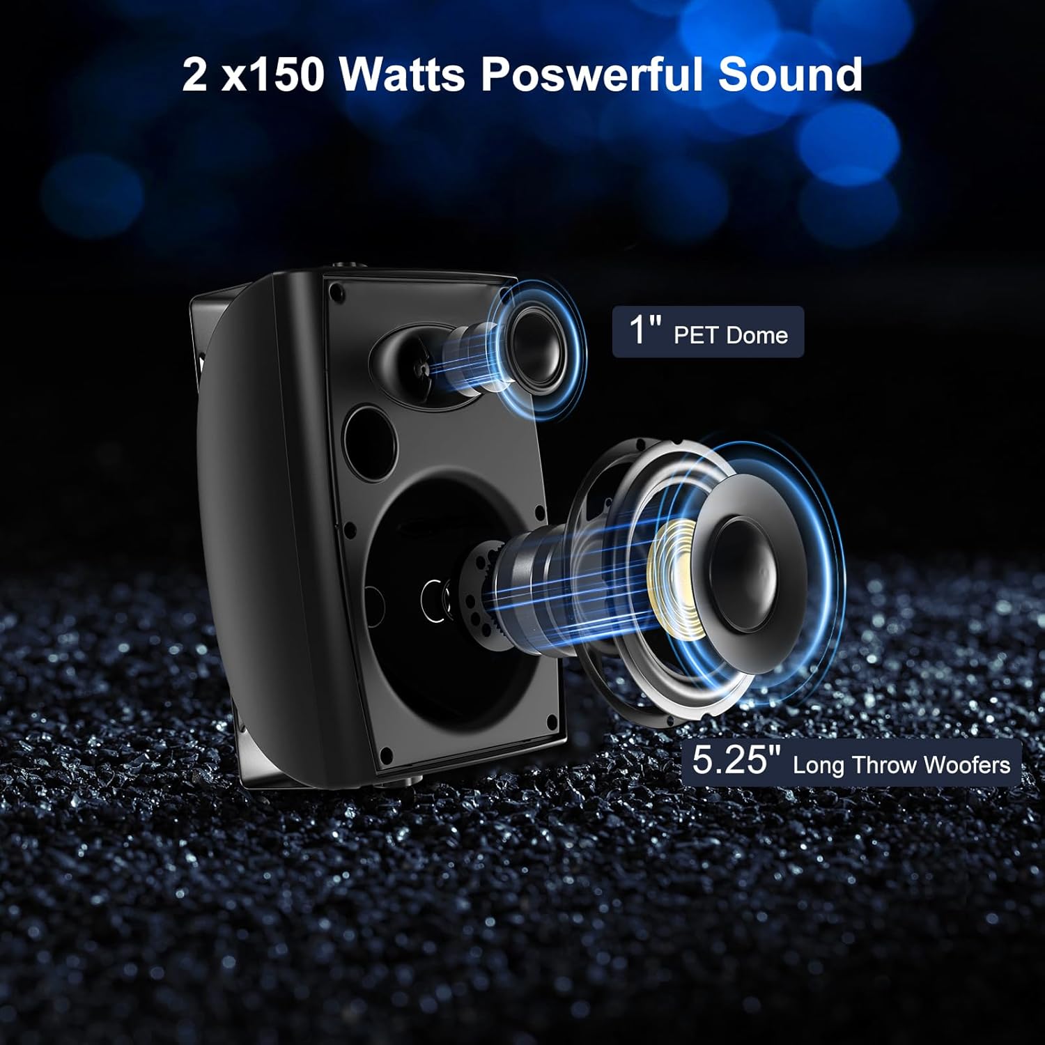 Diagram showing the internal components of the speaker, highlighting the 1-inch PET Dome tweeter and 5.25-inch Long Throw Woofer, with text '2 x 150 Watts Powerful Sound'.