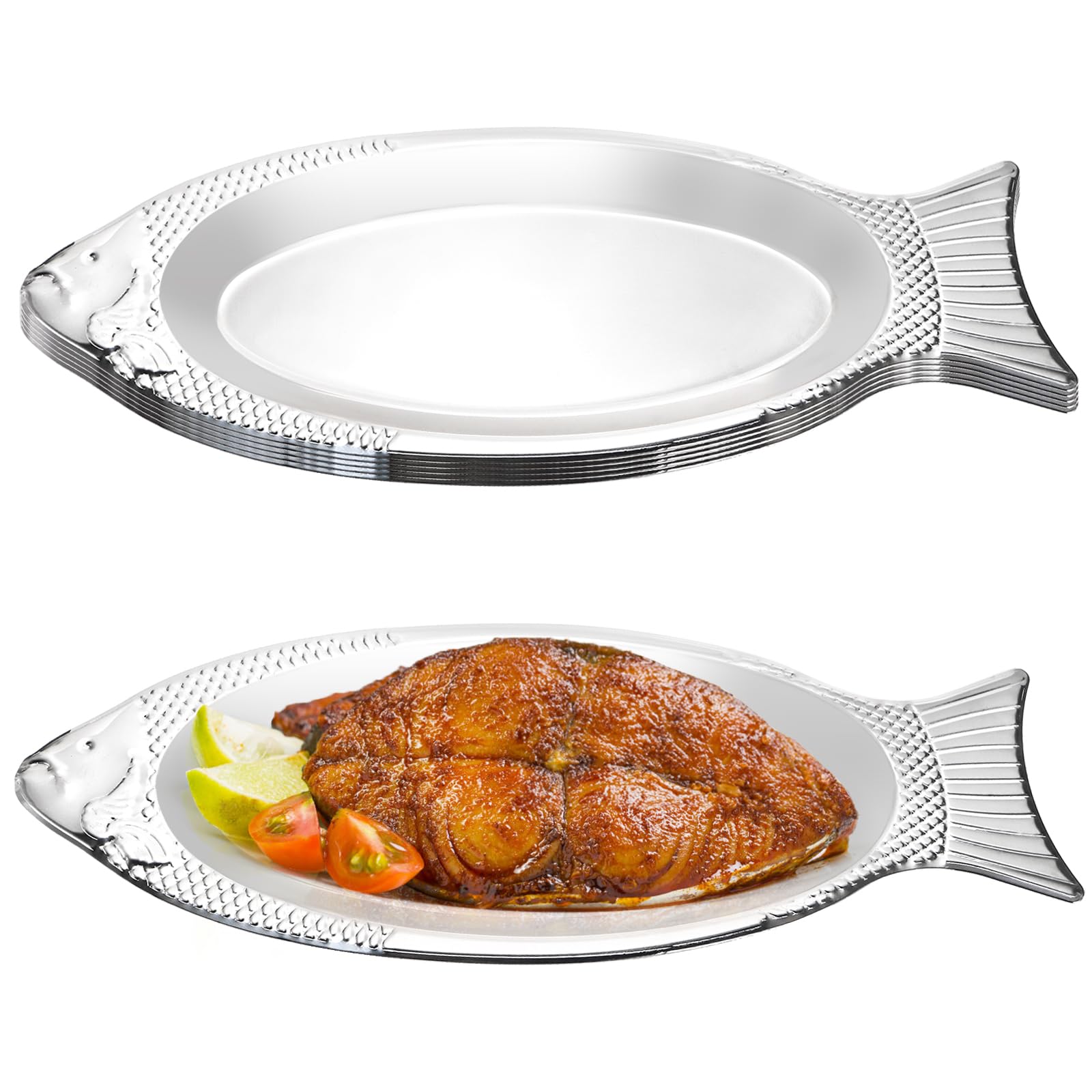 Suwimut 6 Pack Fish Serving Platter, 35×12 cm/13.8×4.9 Inch Stainless Steel Fishes Dish Fish Shaped Plate, Large Sizzling Platter Metal Food Serving Tray for Fishes Meat Appetizers Dessert Sushi