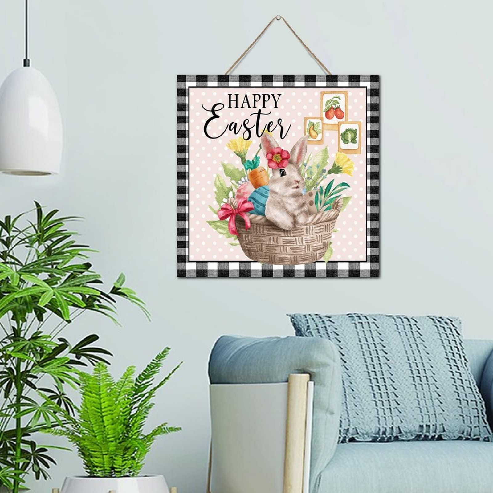 Letrero de madera vintage de Pascua con diseño artesanal de conejo búfalo