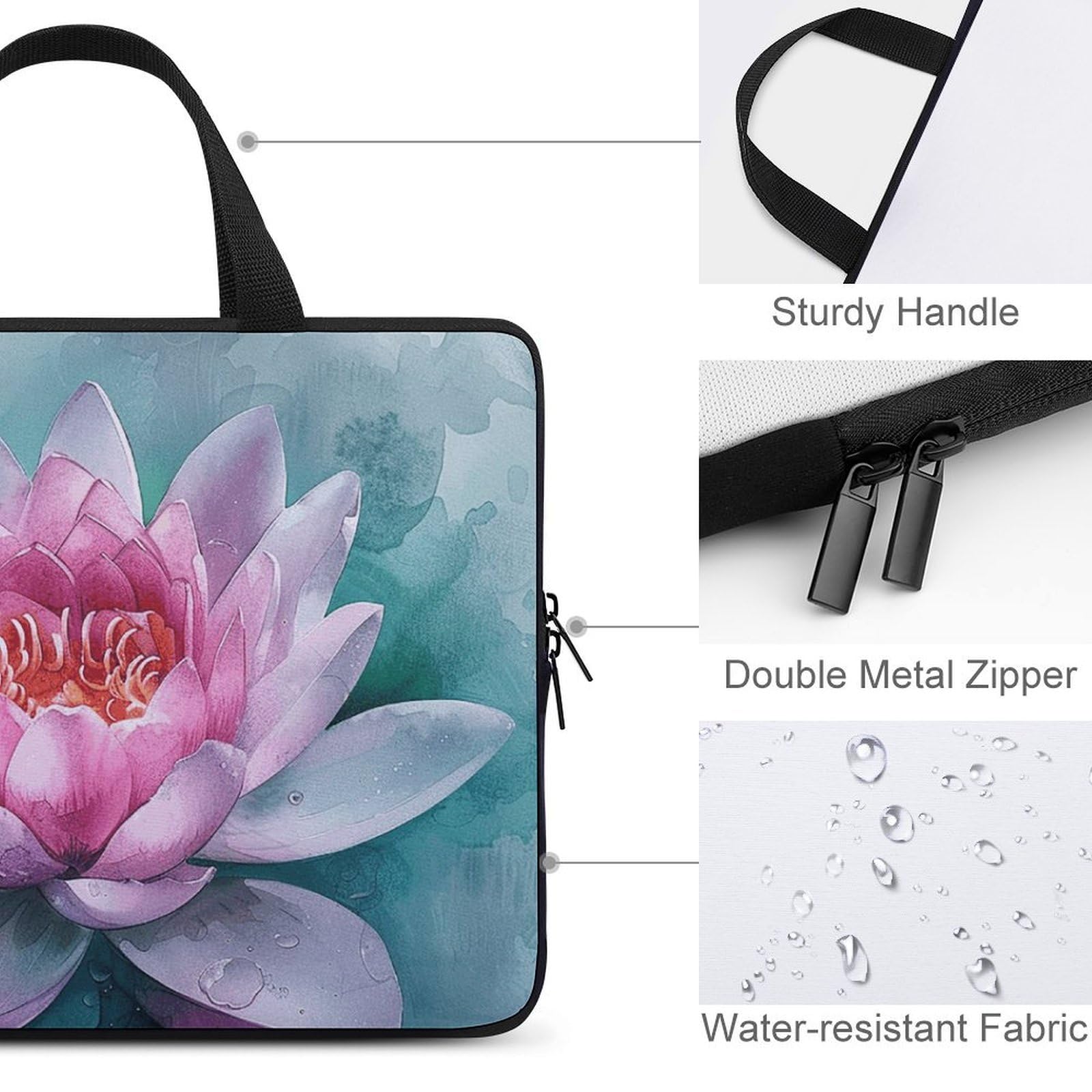 Borsa per computer portatile da 13 pollici, ultra sottile, impermeabile, con fiori di ninfea, con cinghia da polso
