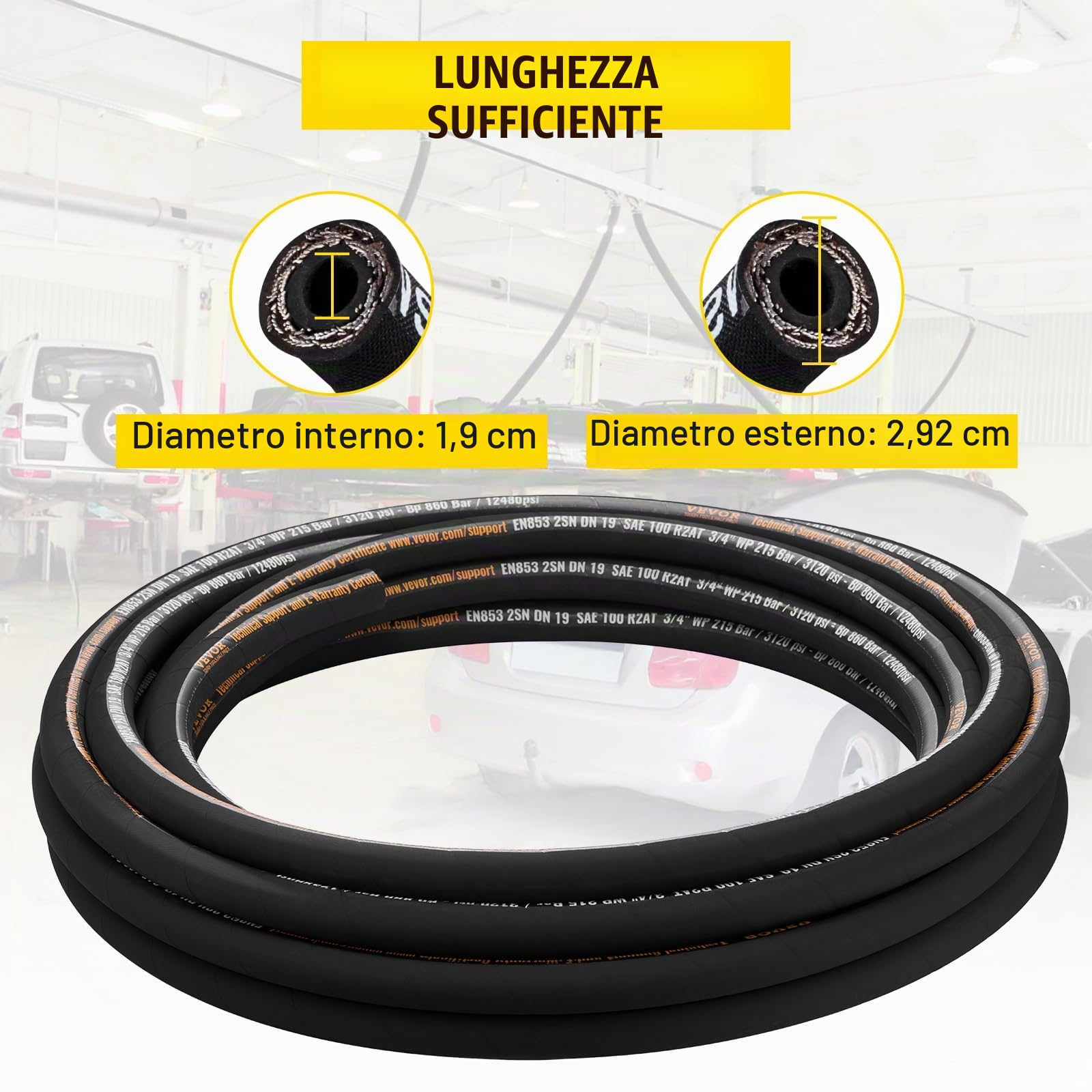 VEVOR Tubo idraulico 3/4" x 50ft a spirale 3120 PSI, gomma 2 treccia di filo di acciaio ad alta resistenza, tubo flessibile da 20 ℃ a 140 olio, nero