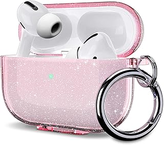 ULAK for AirPods Pro Case Clear Shockproof Case Thin Protective Case with Carabiner Transparent Charging Case for Apple AirPods Pro 2022/2019 (LED Visible on the Front) - Pink Glitter