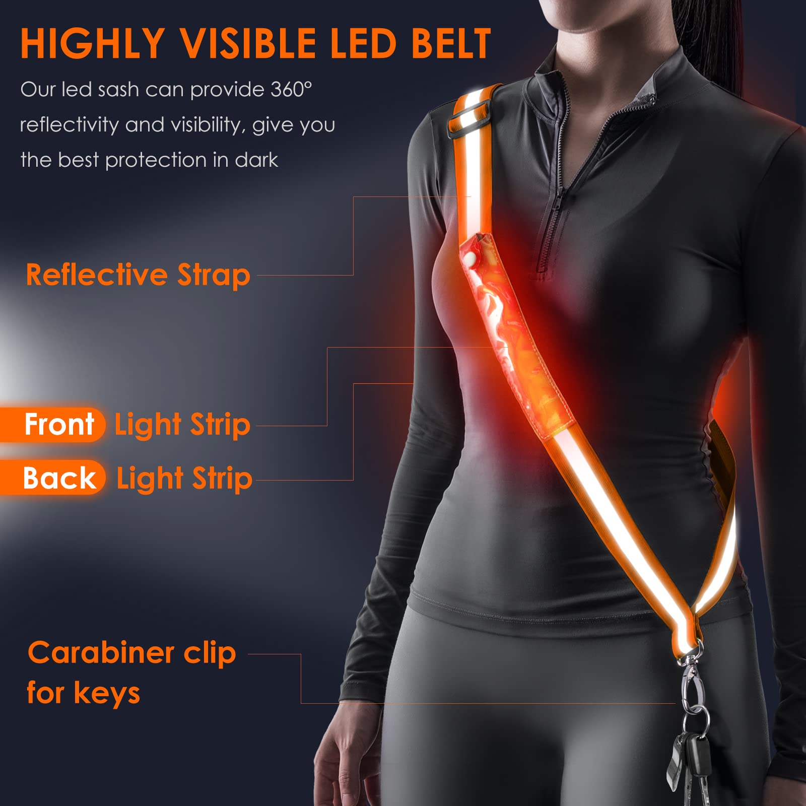 ocuvaep Luce corsa jogging con cintura riflettente, lampada a LED ricaricabile USB, luce di sicurezza notturna, cintura catarifrangente, cintura per cintura a LED per jogging, ciclismo, escursionismo