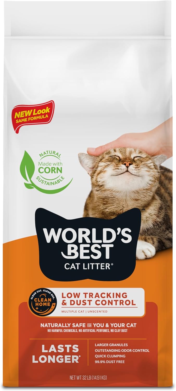 WORLD'S BEST CAT LITTER Low Tracking & Dust Control Multiple Cat Unscented 32-Pounds - Natural Ingredients, Quick Clumping, Flushable & Made in USA - Long-Lasting Odor Control & Easy Scooping 32lb