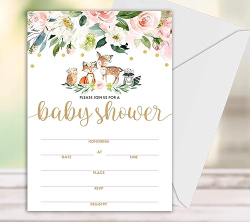 Miniatura 1 de Invitaciones de baby shower, animales de madera florales rellenan tarjetas de invitaciones con sobres, ciervos búho zorro, juego de 25.
