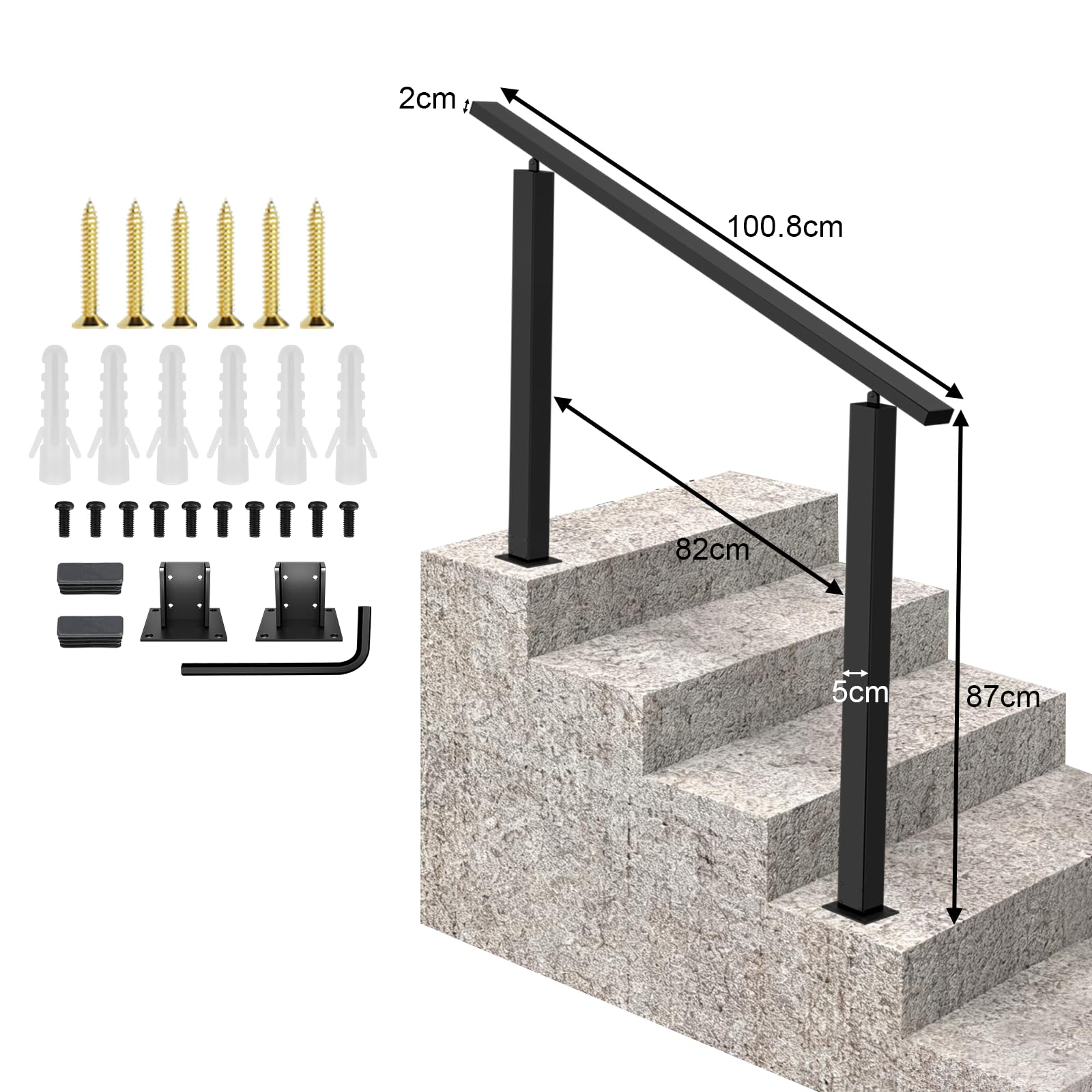 Pasamanos Escalera, Tubo Cuadrado Negro, Barandilla Escalera Exteriores con Ajuste De áNgulo Flexible, Pasamanos De Hierro Forjado para 2-3 Escalones, Interior Exterior (Negro)