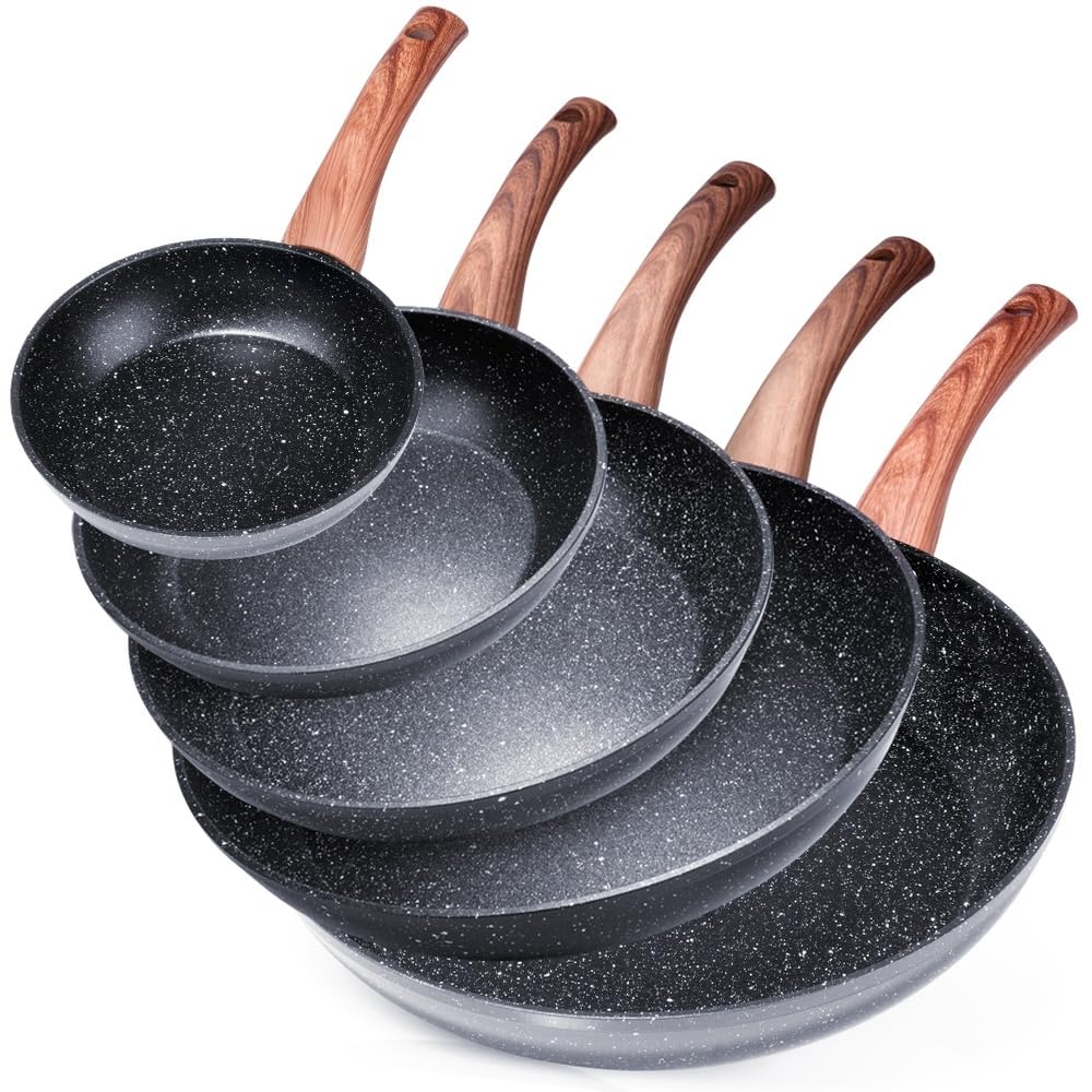 Vilde Zestaw patelni z powłoką granitową, patelnia granitowa 16/20/24/28/32 cm BLACK&WOOD 5 szt.